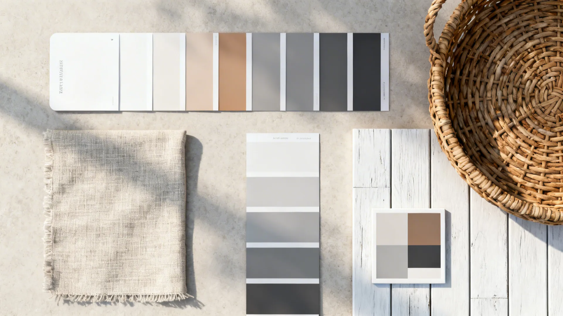 Flatlay of neutral paint swatches, linen, wicker and shiplap samples for a farmhouse palette