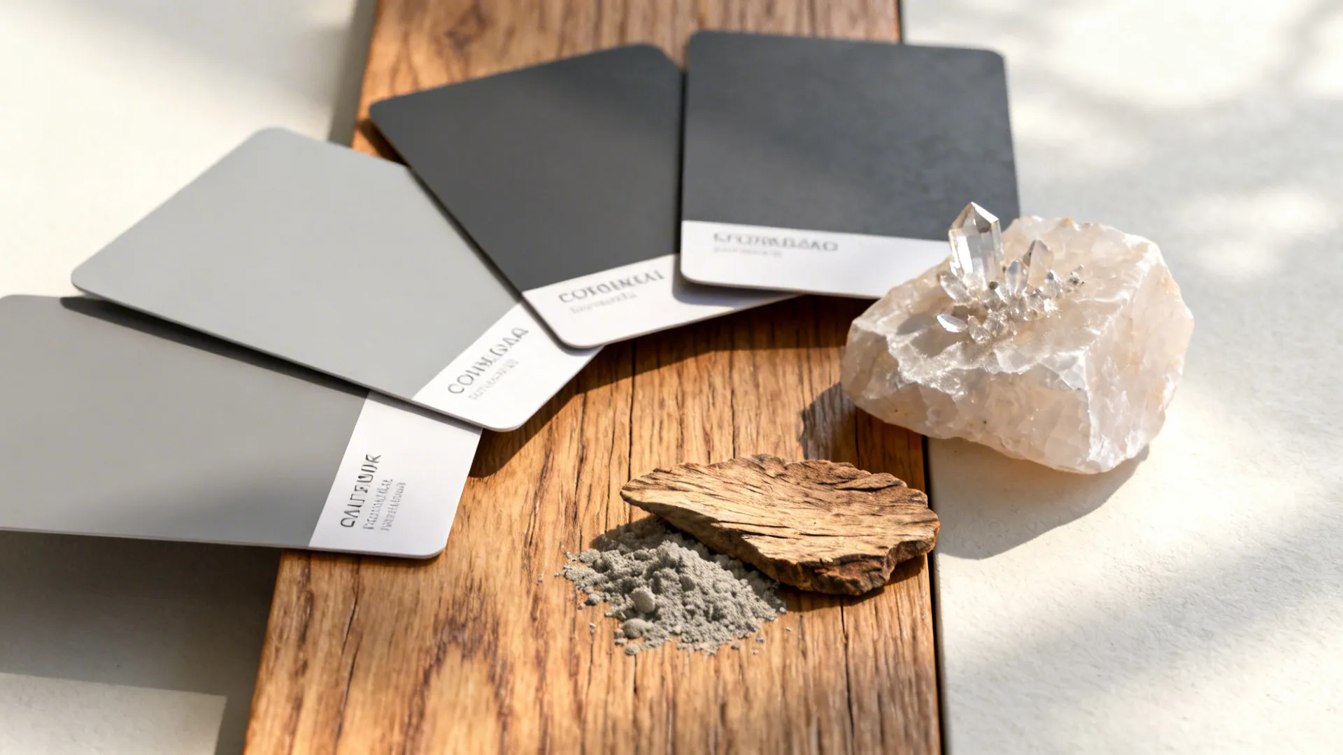 Top-down palette of warm gray, charcoal, and oak with light quartz for a neutral kitchen.
