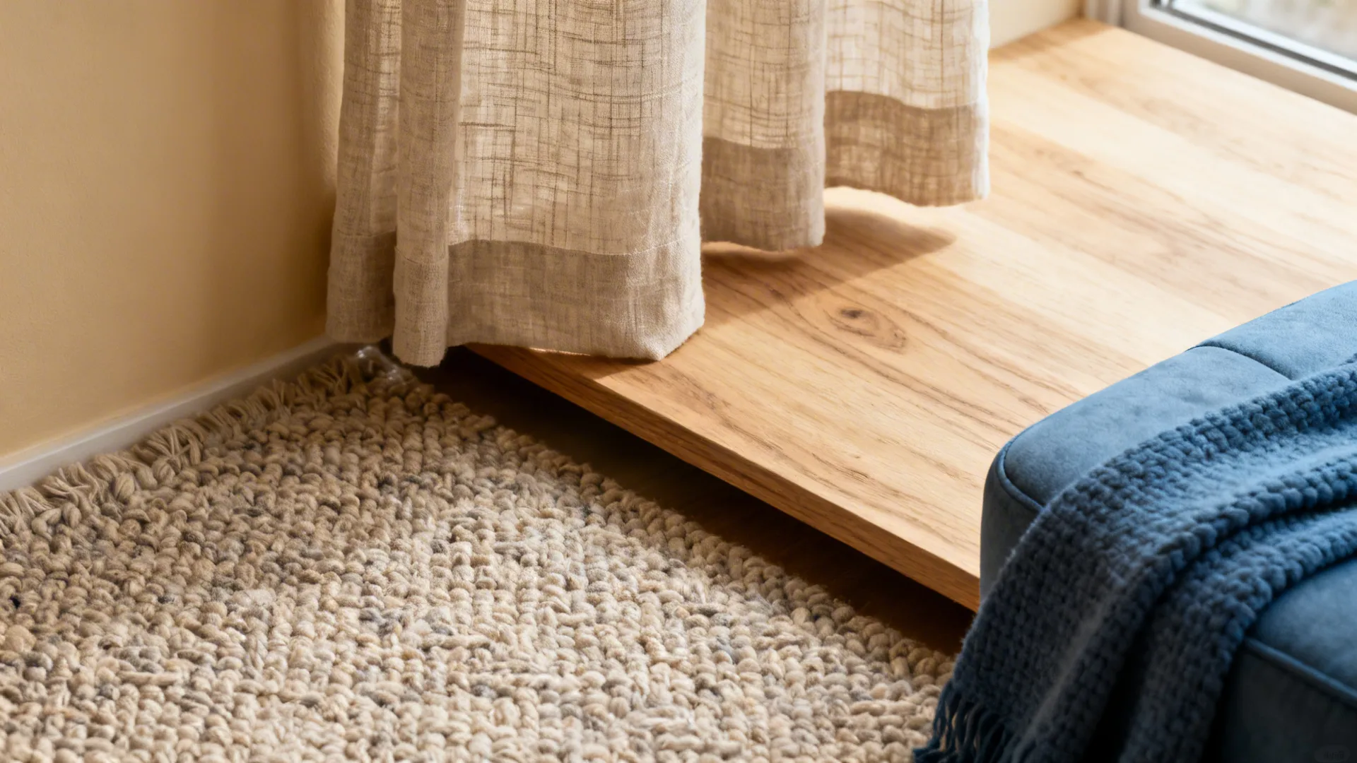 Macro flatlay of linen, boucle, light oak, and a slate-blue accent for layered neutrals.