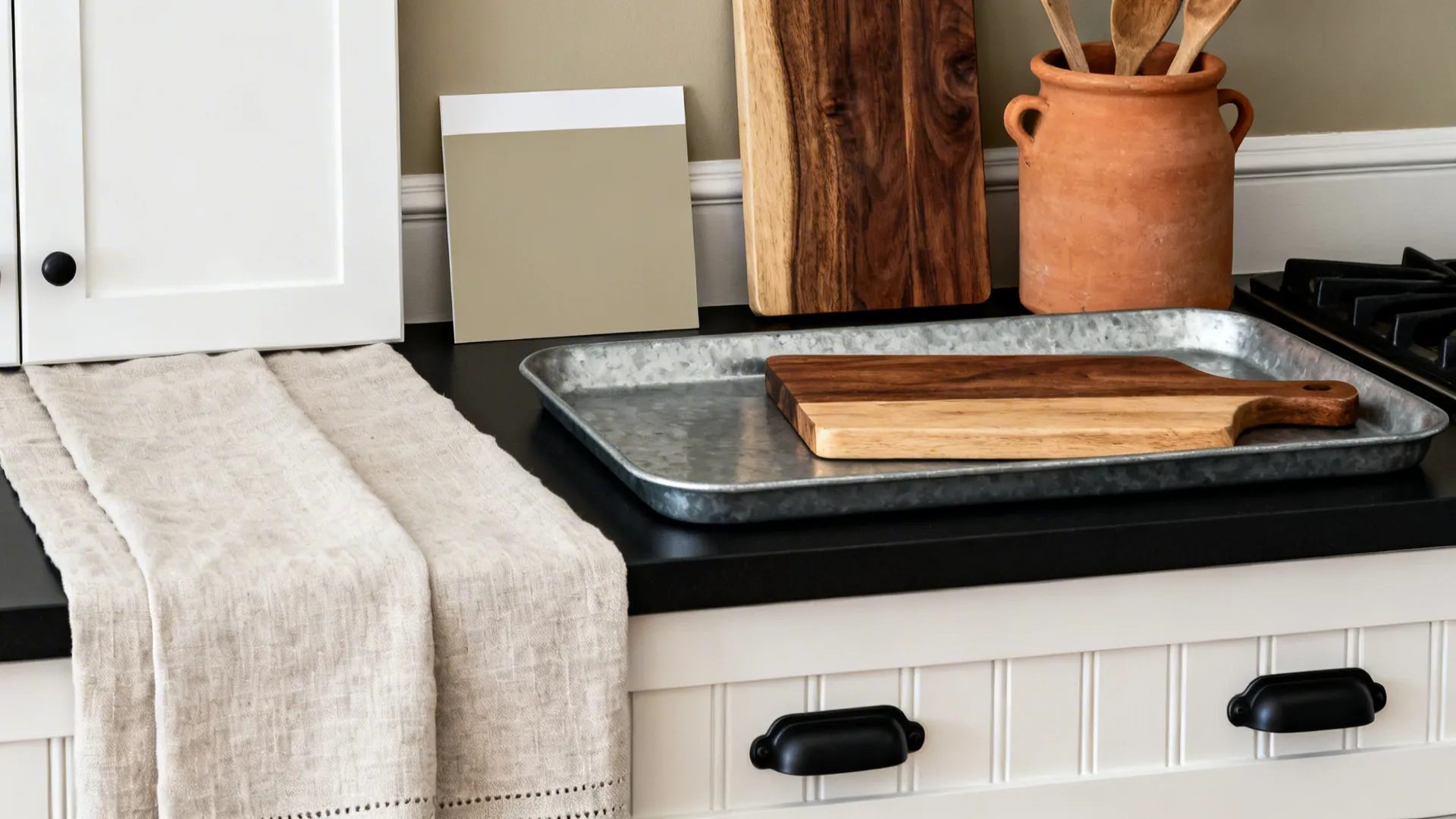 Flat lay of soft white samples, greige paint, linen, zinc, walnut wood, clay crock, and matte black hardware.