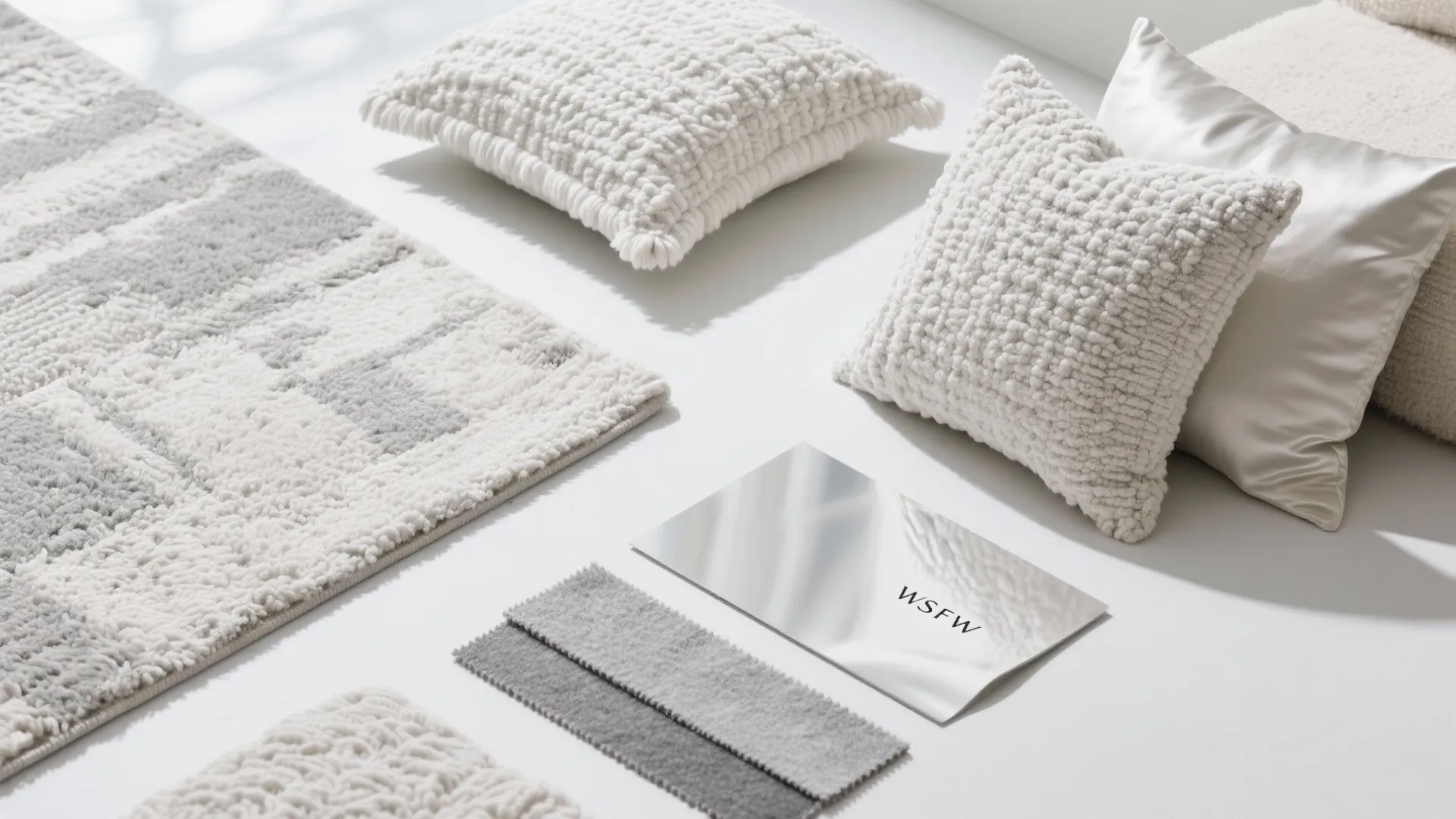 Flatlay of silver-white and neutral interior textures