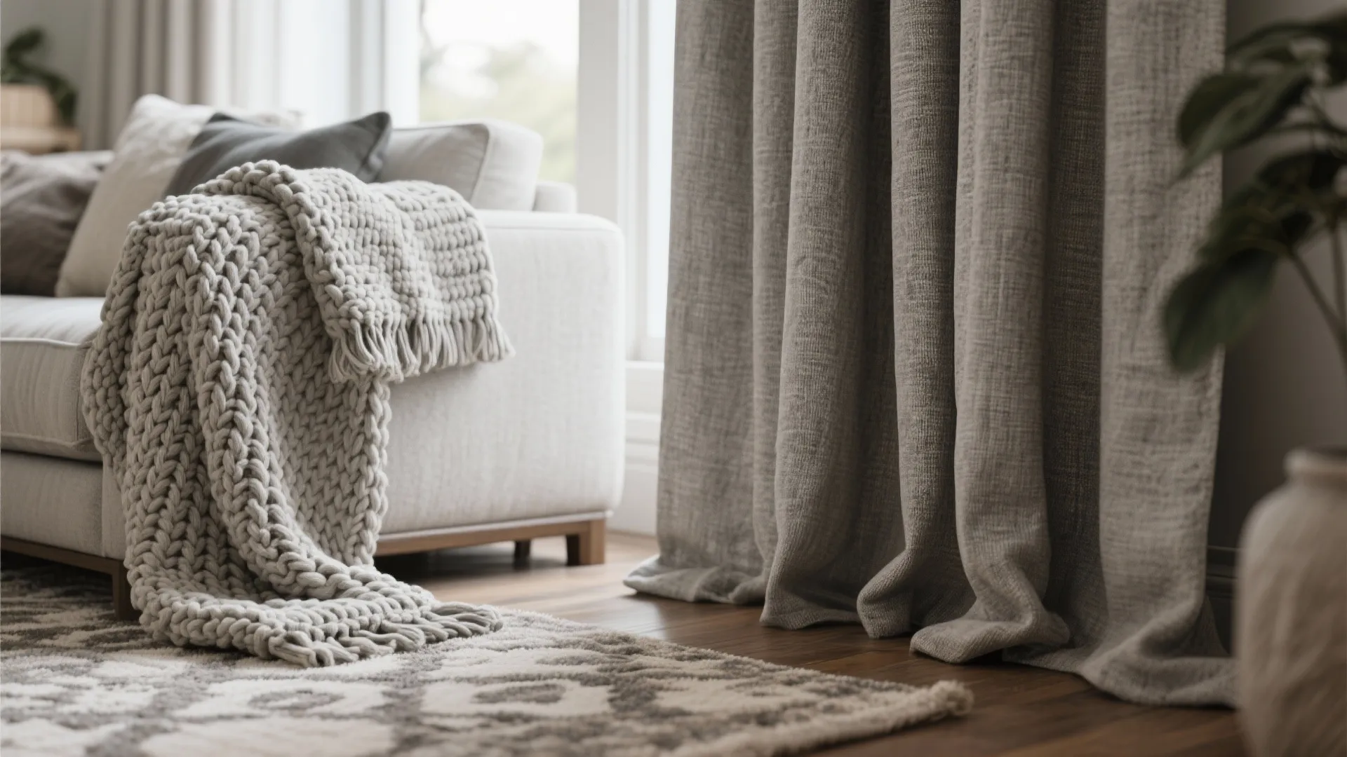 Close up view of a cozy white sofa with thick knitted blanket and grey curtain