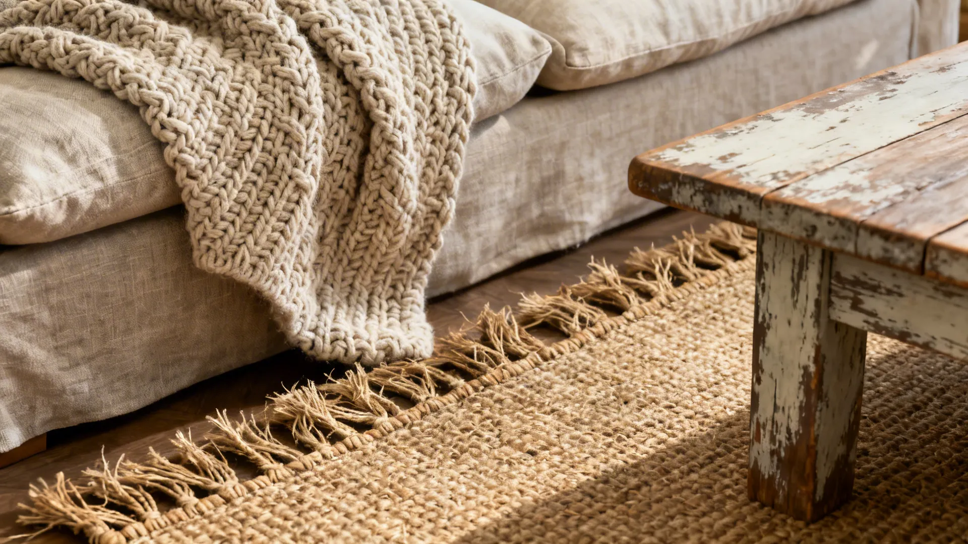 Close-up of chunky knit throw, linen cushion and jute rug in neutral farmhouse palette.