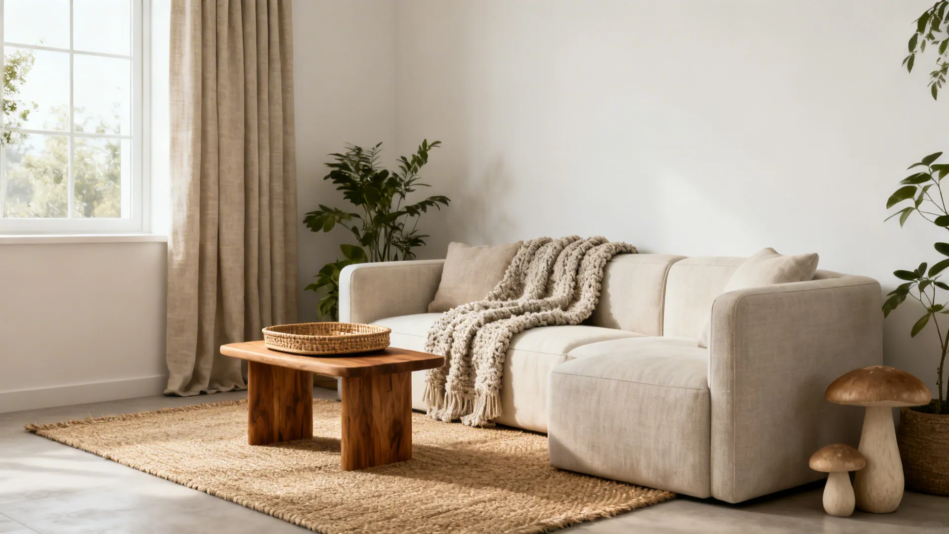 Neutral living room with beige sofa wood coffee table rug and mushroom shaped home decor
