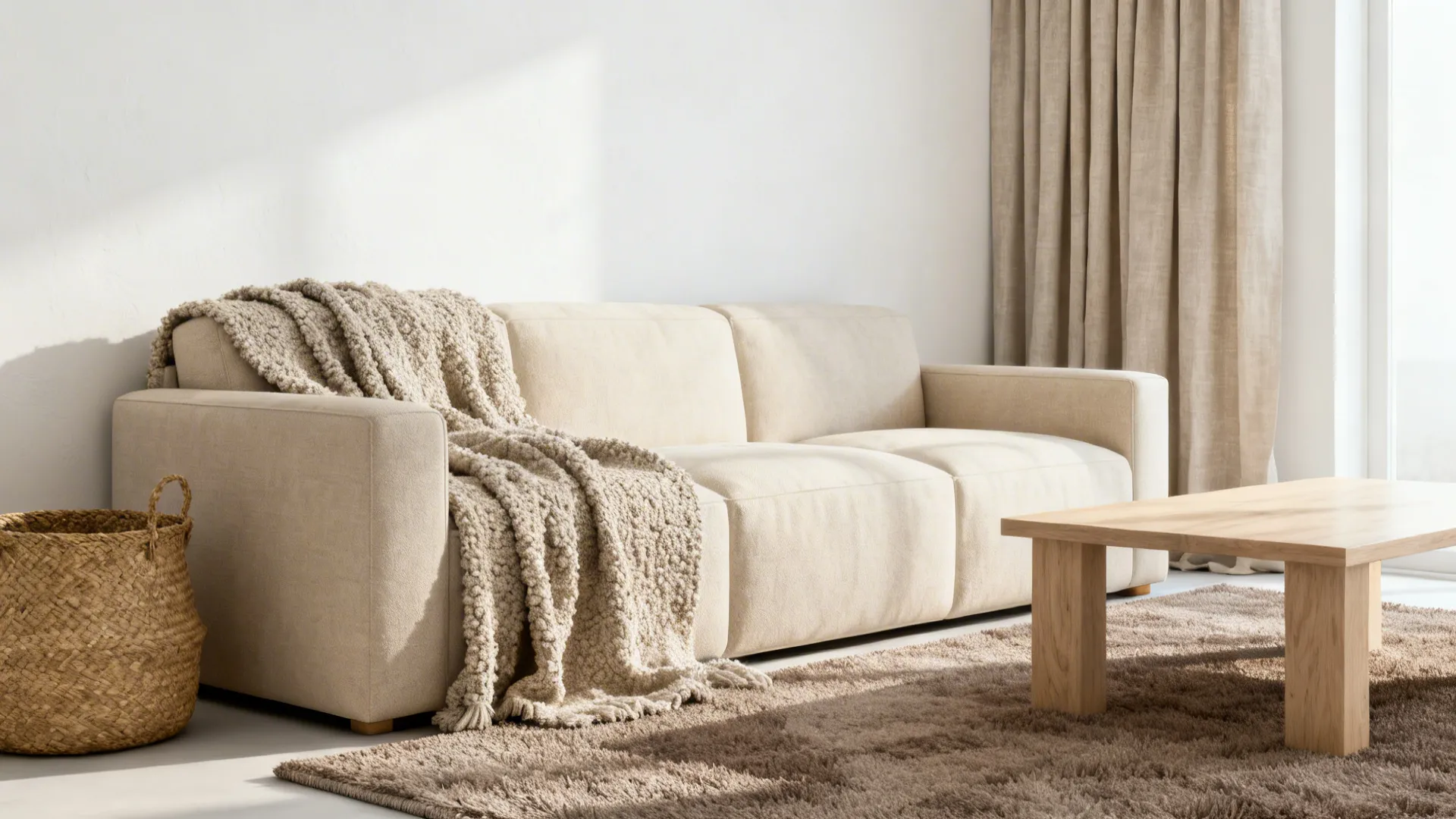 Neutral living room with warm white walls, oatmeal sofa, taupe rug, and layered textures like linen and bouclé.