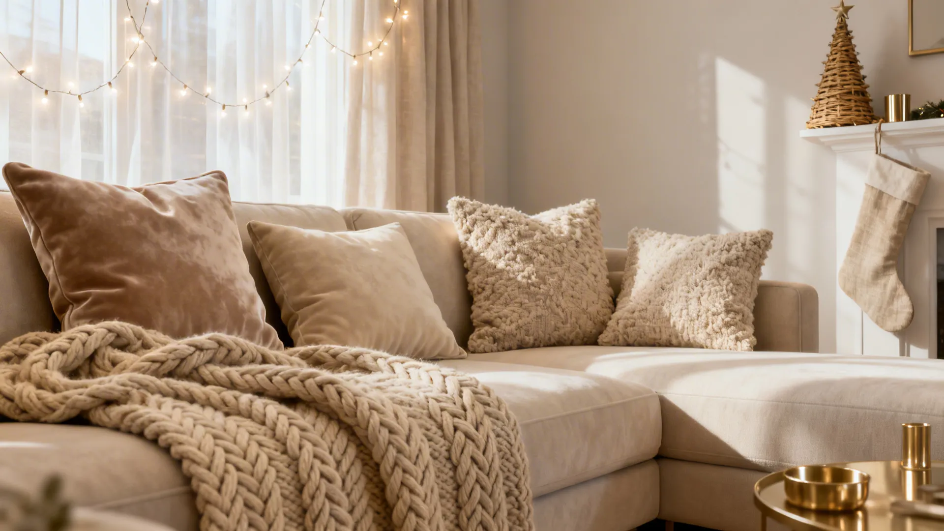 Neutral small living room with knit throw, velvet pillows, and soft curtain lights.