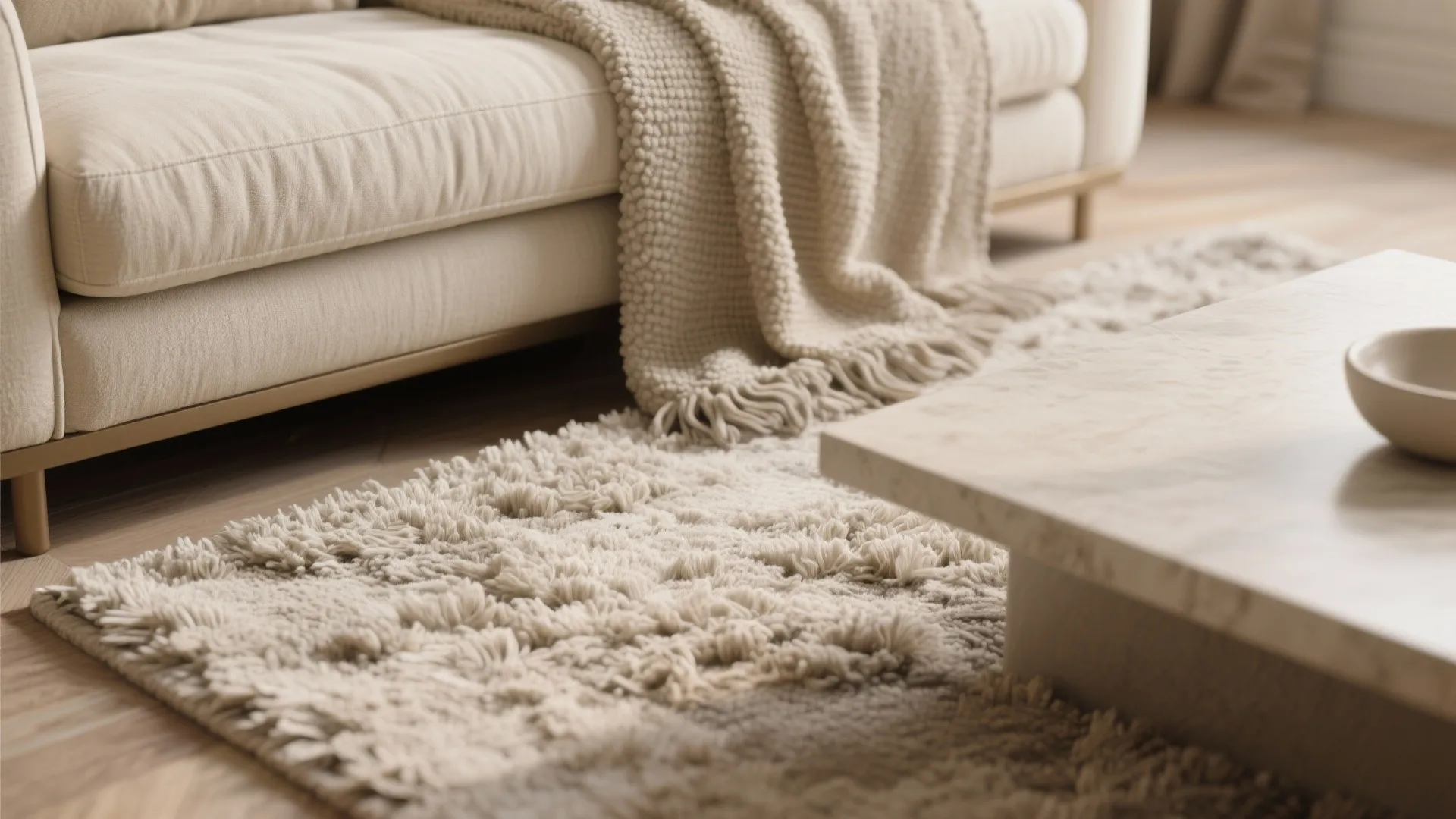Cozy living room detail with a textured rug beige sofa blanket and a stone table