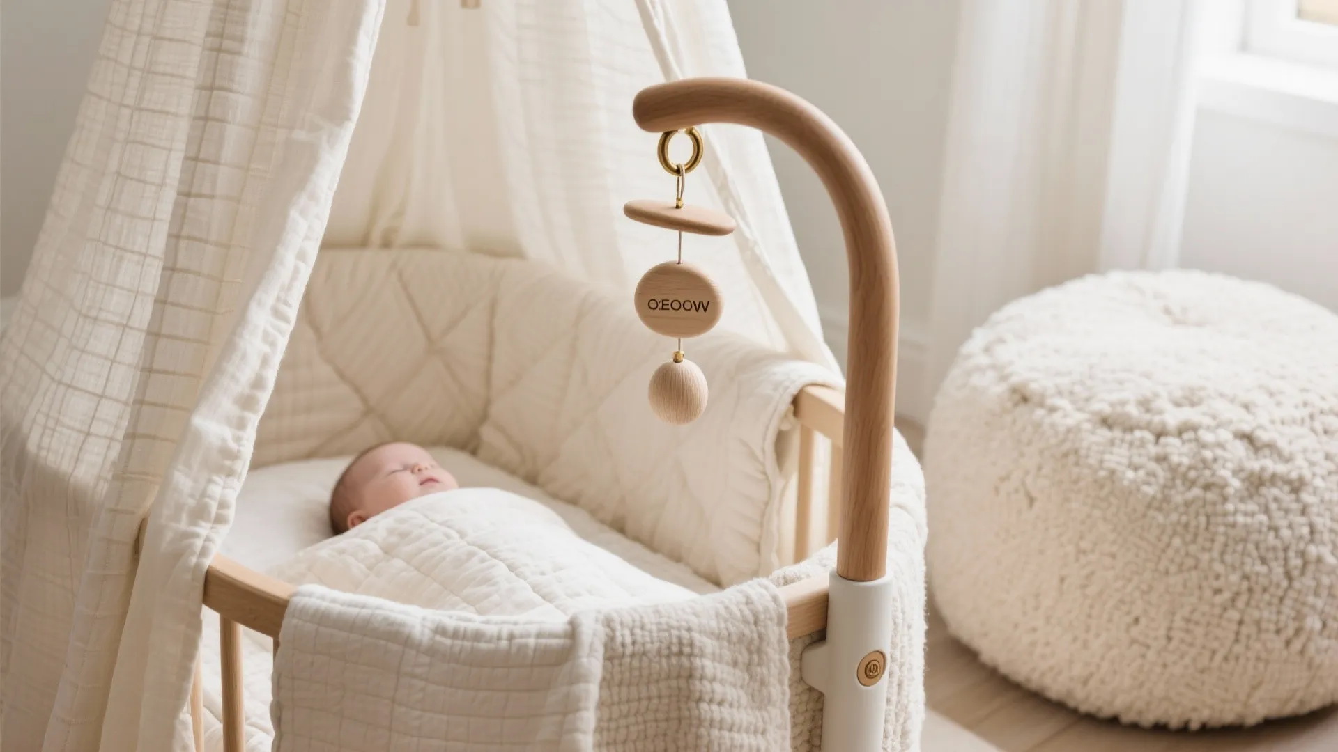 Close up of baby sleeping in white wooden crib with fabric canopy and soft white rug