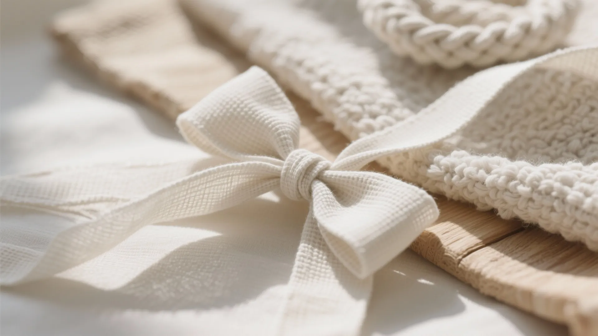 Close up shot of a cream white fabric bow on a soft woven textile material background