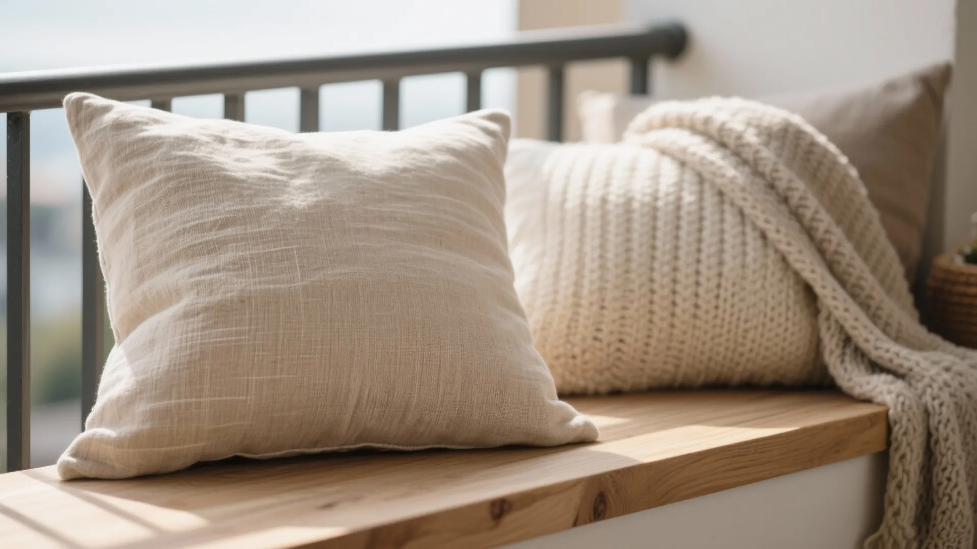 Macro view of linen cushion, knitted throw, and oak bench grain in soft daylight.
