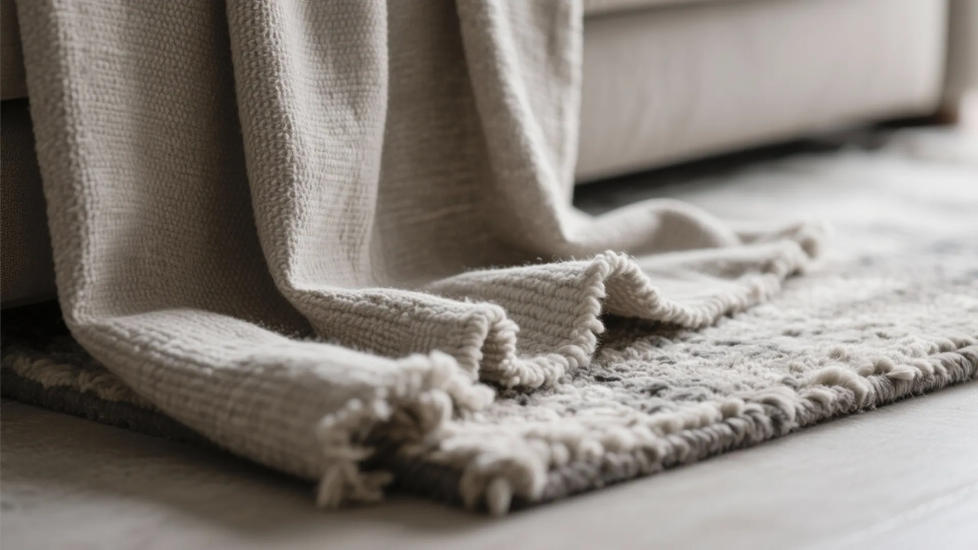 Close up view of a soft beige fabric blanket resting on a textured grey floor rug