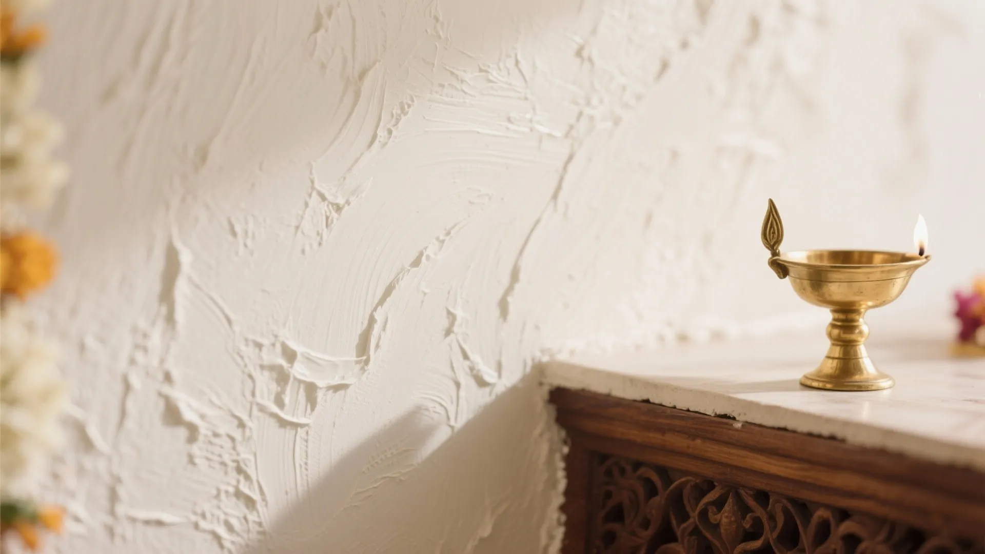Macro of creamy limewash wall texture near a brass diya and carved wood.