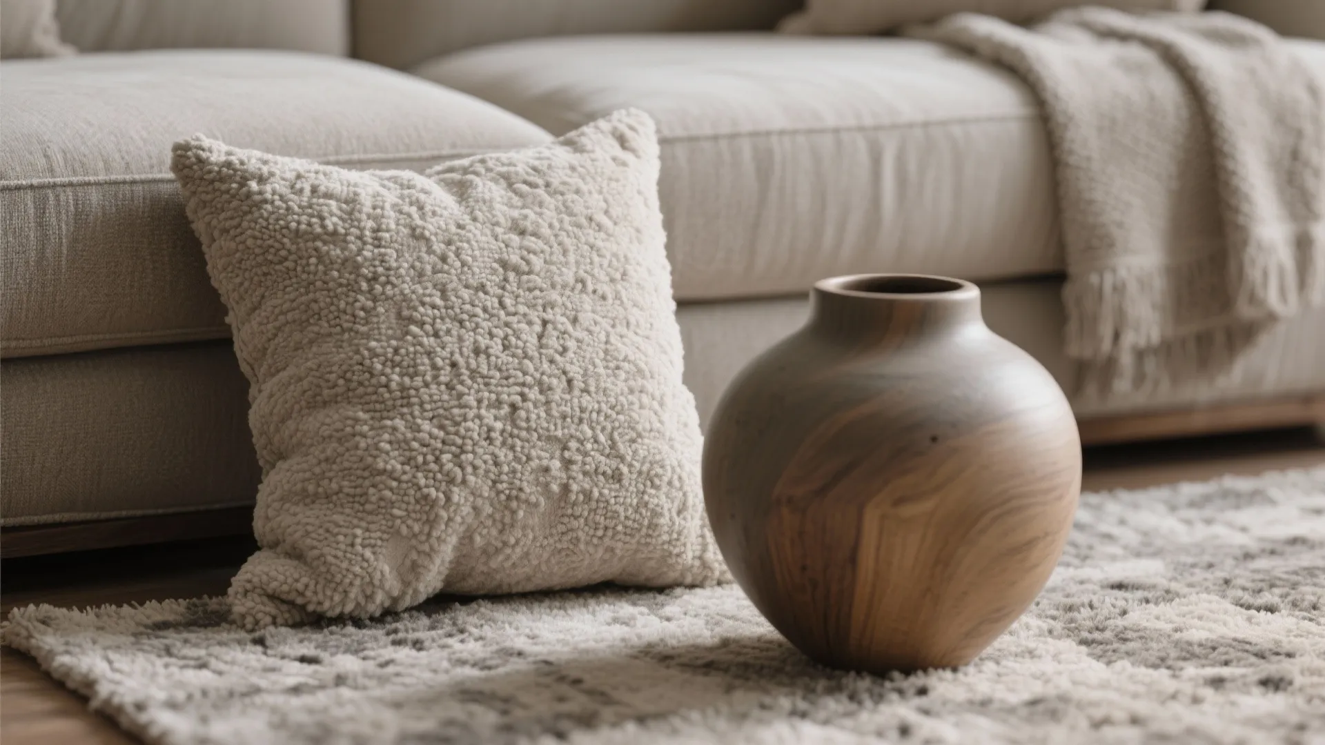 Close up of a soft white textured pillow and wooden vase on a grey rug