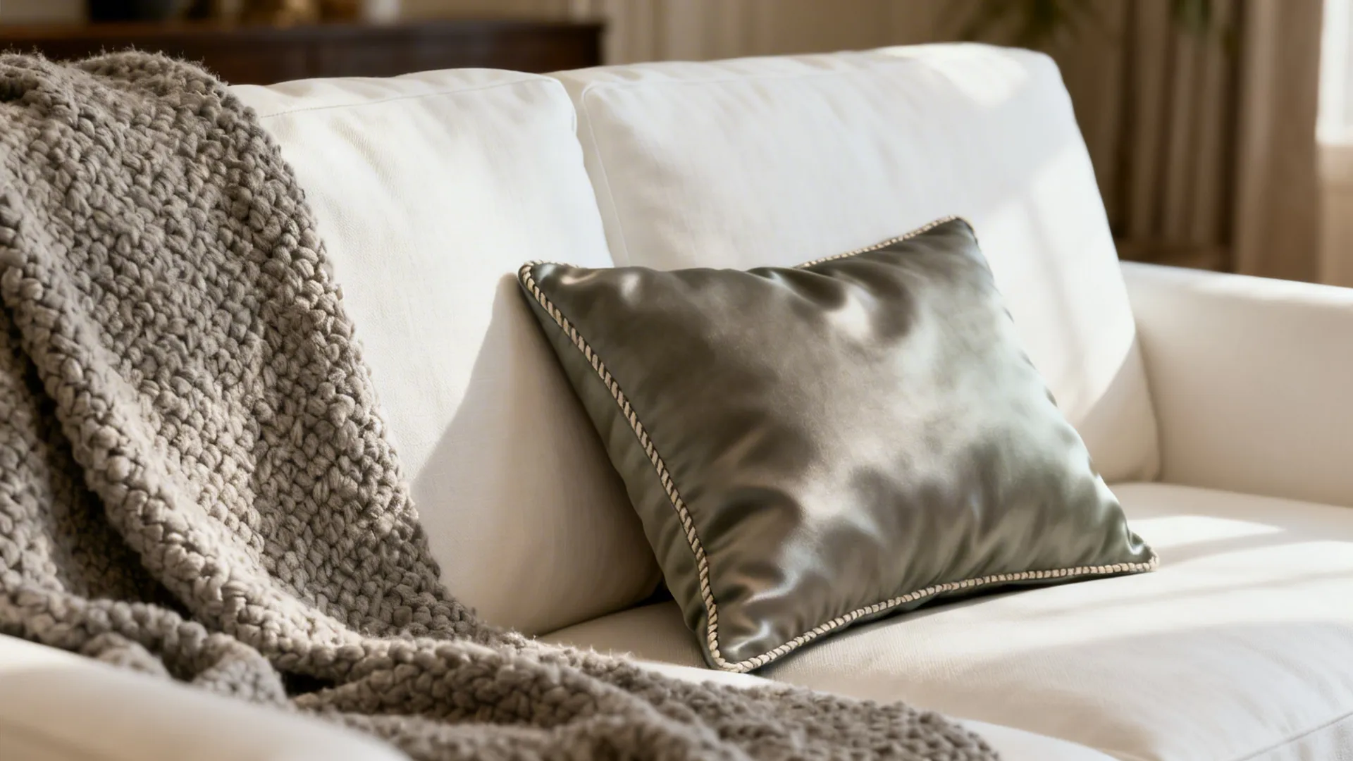 Macro view of layered neutral textiles—linen, boucle, and a silk-blend cushion—in warm daylight.