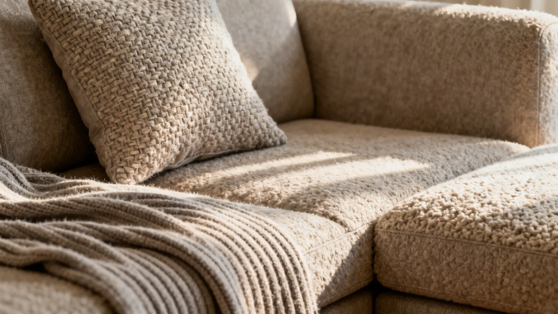 Macro of nubby cushion, ribbed throw, and bouclé upholstery in warm greige tones.