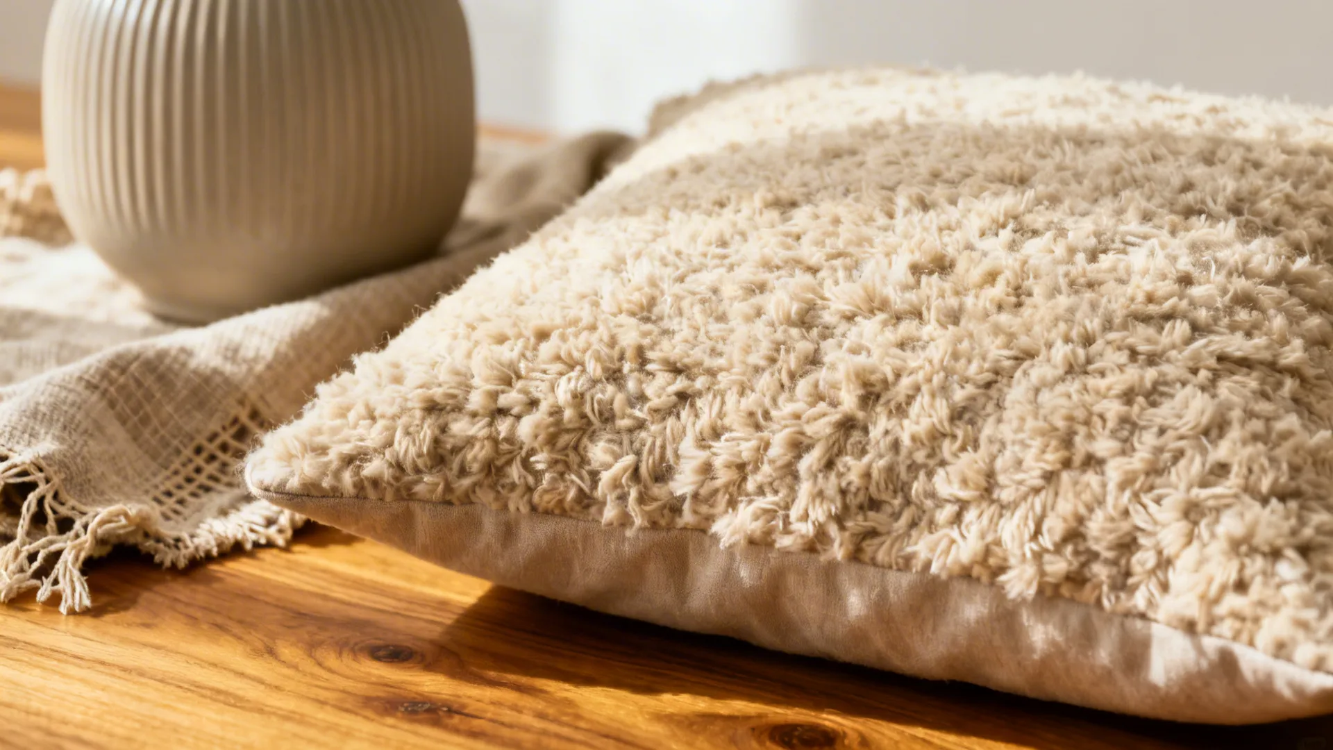 Macro of bouclé, linen, and ribbed ceramic on oak showing warm neutral textures.