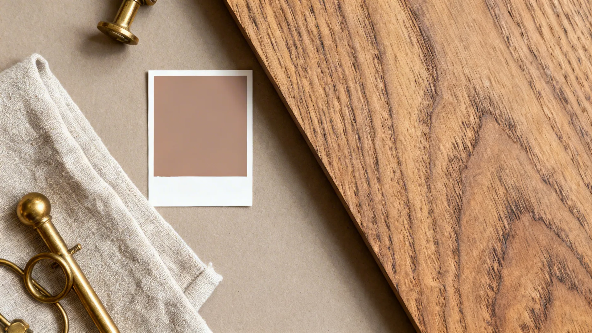 Macro of taupe paint, oak wood, linen fabric, and brass hardware in soft light.