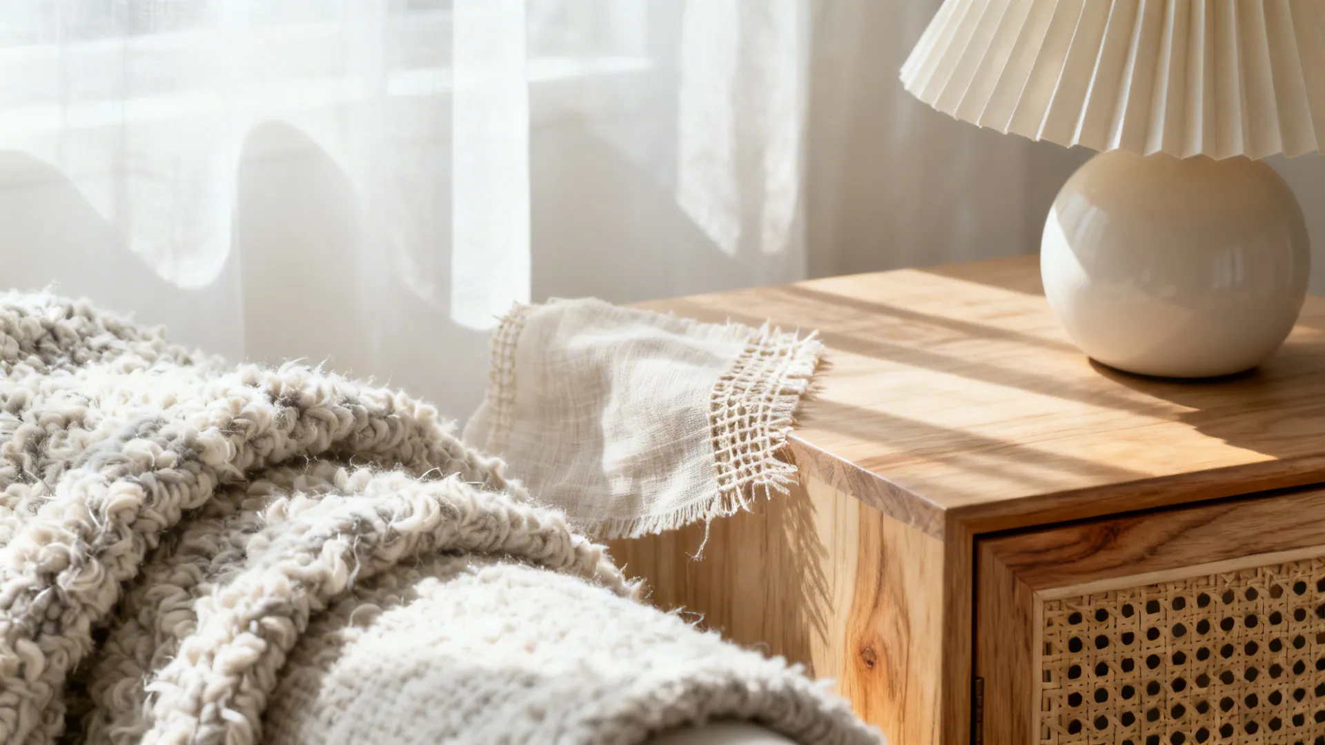 Macro textures of boucle, muslin, cane, and light wood in a soft neutral nursery palette.