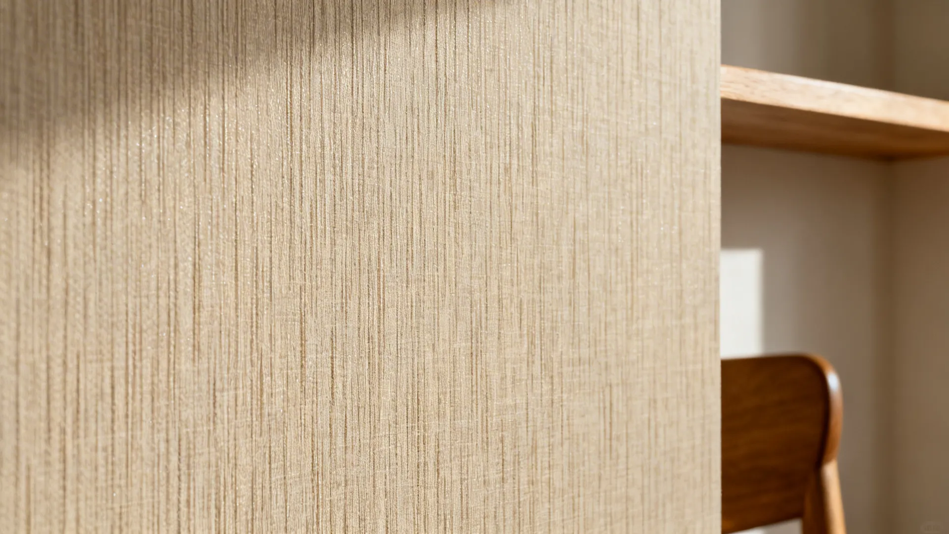 Macro view of beige textured wallpaper showing vertical lines with a wooden shelf and chair