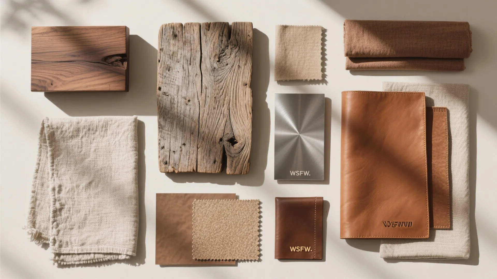 Flatlay of mixed materials like oak, linen, steel and leather in warm neutrals