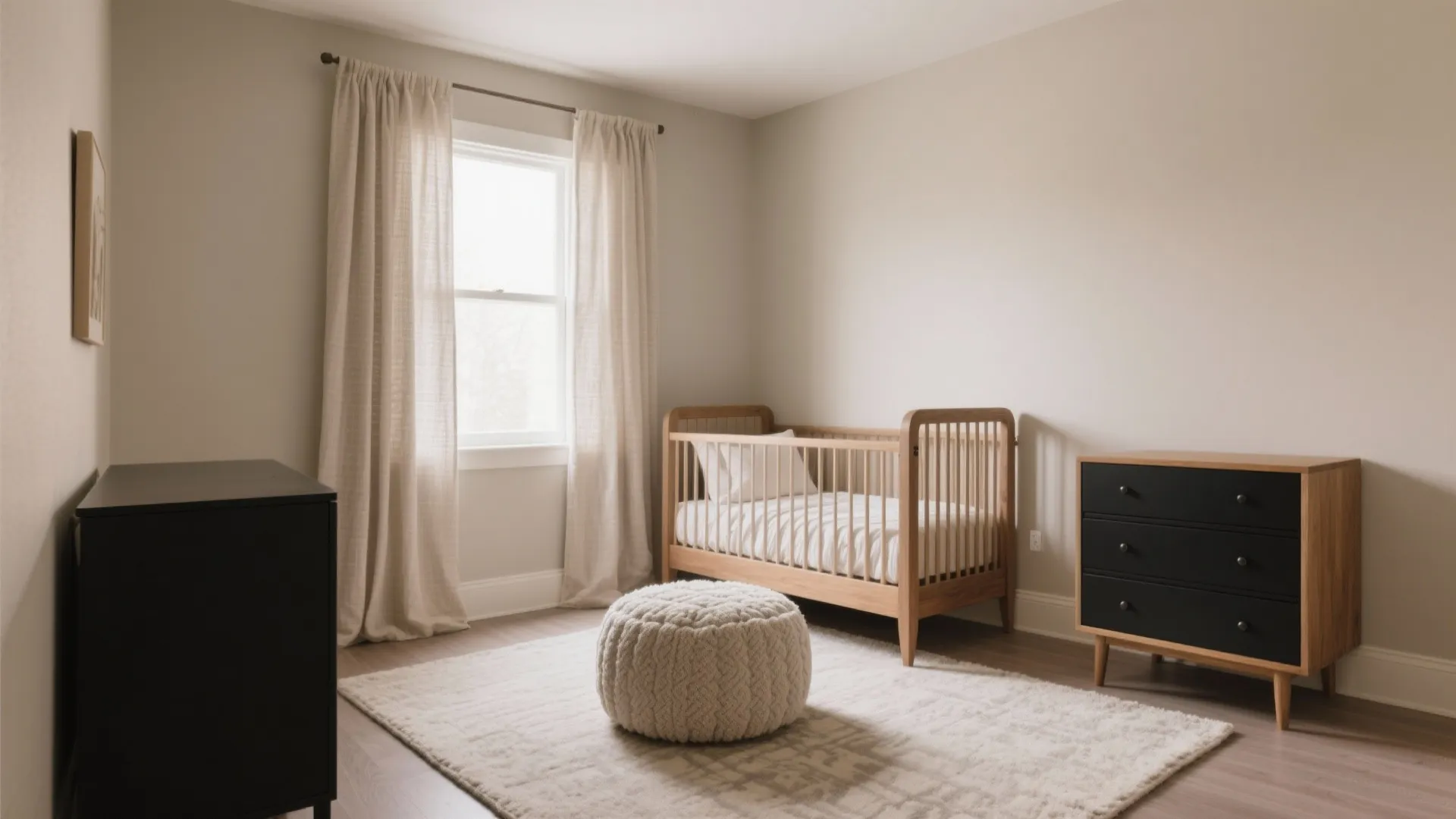 Neutral nursery with wooden baby bed soft area rug white footrest black cabinet and beige curtains