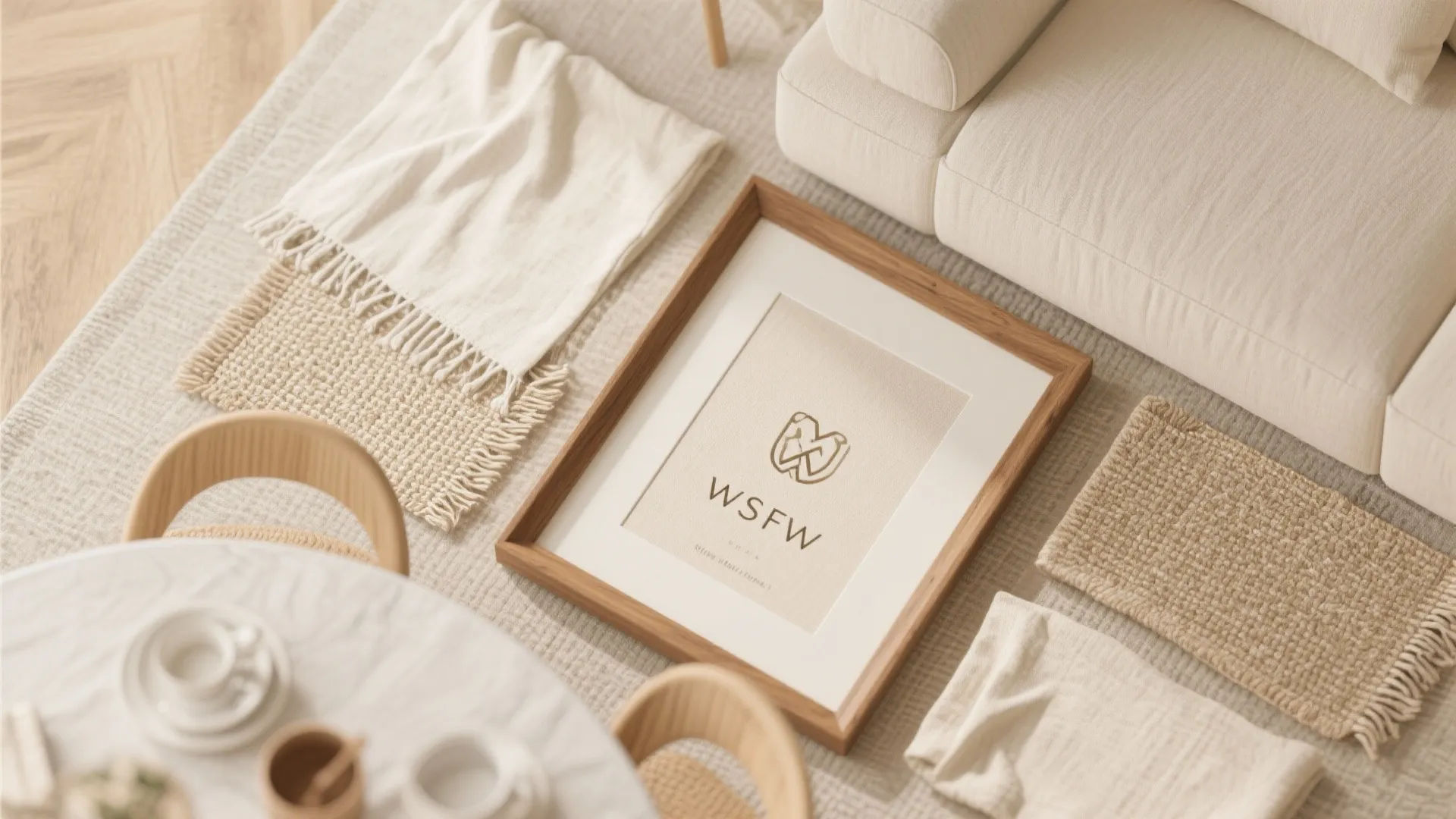 Wooden picture frame on a beige rug surrounded by soft cream fabric and sofa cushions