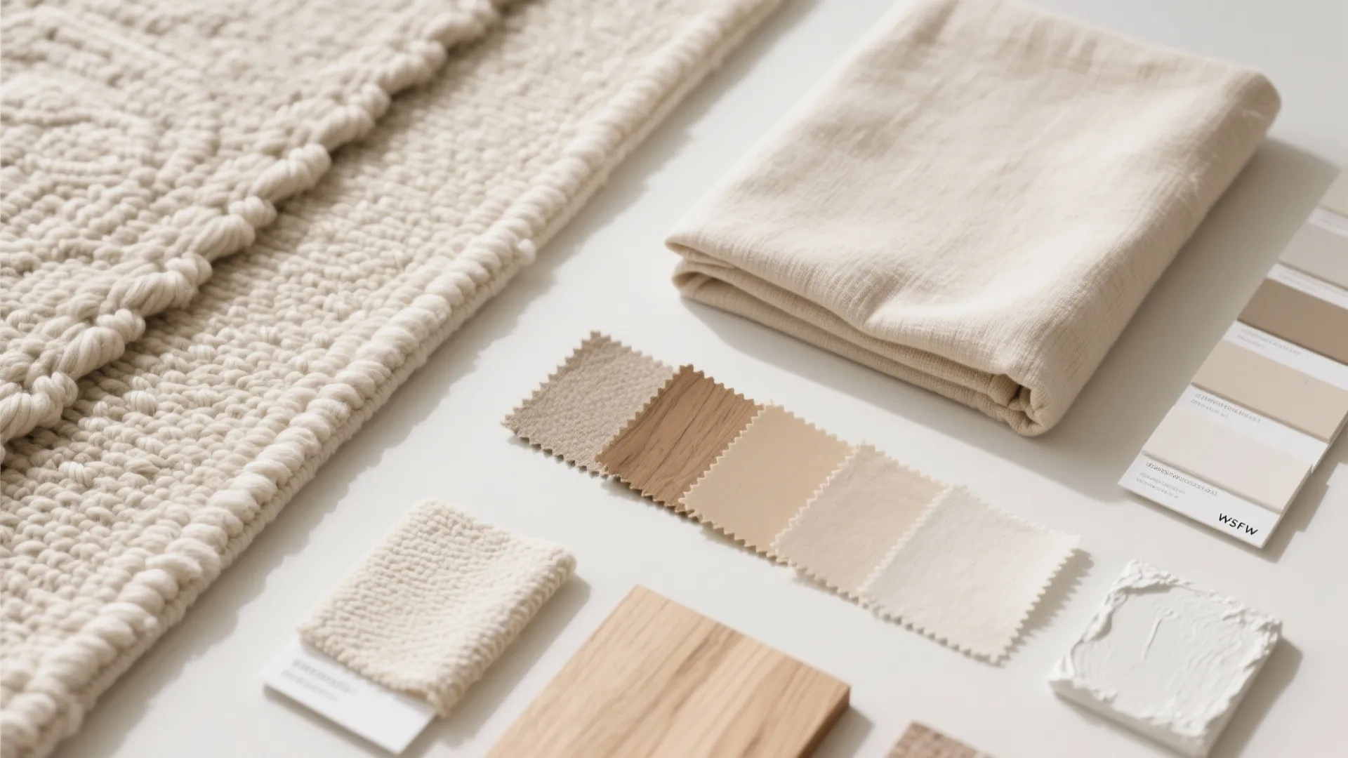 Flat lay of neutral toned fabrics, wood, and texture samples