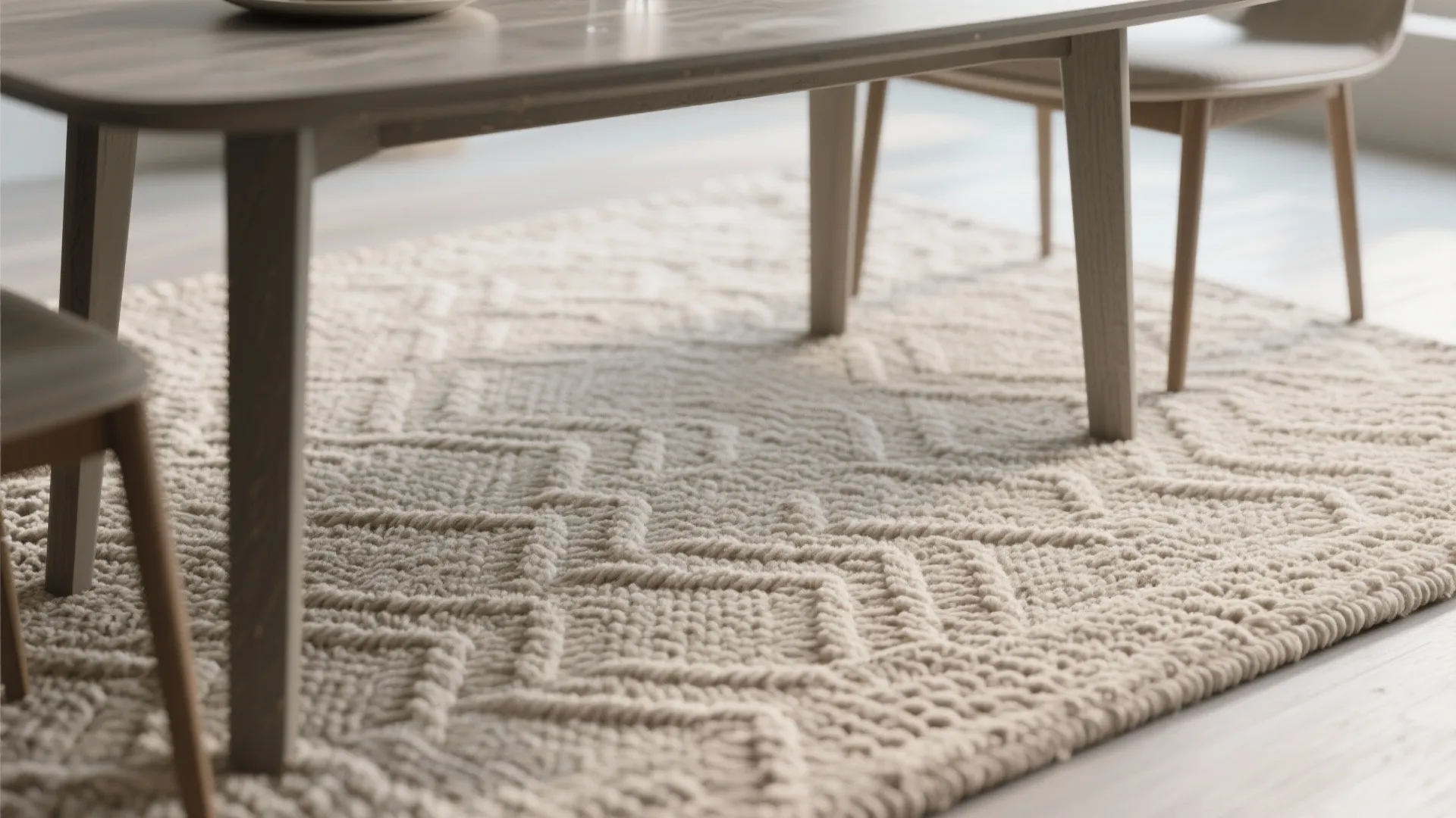 Neutral colored textured rug with a zigzag pattern placed under a wooden dining room table
