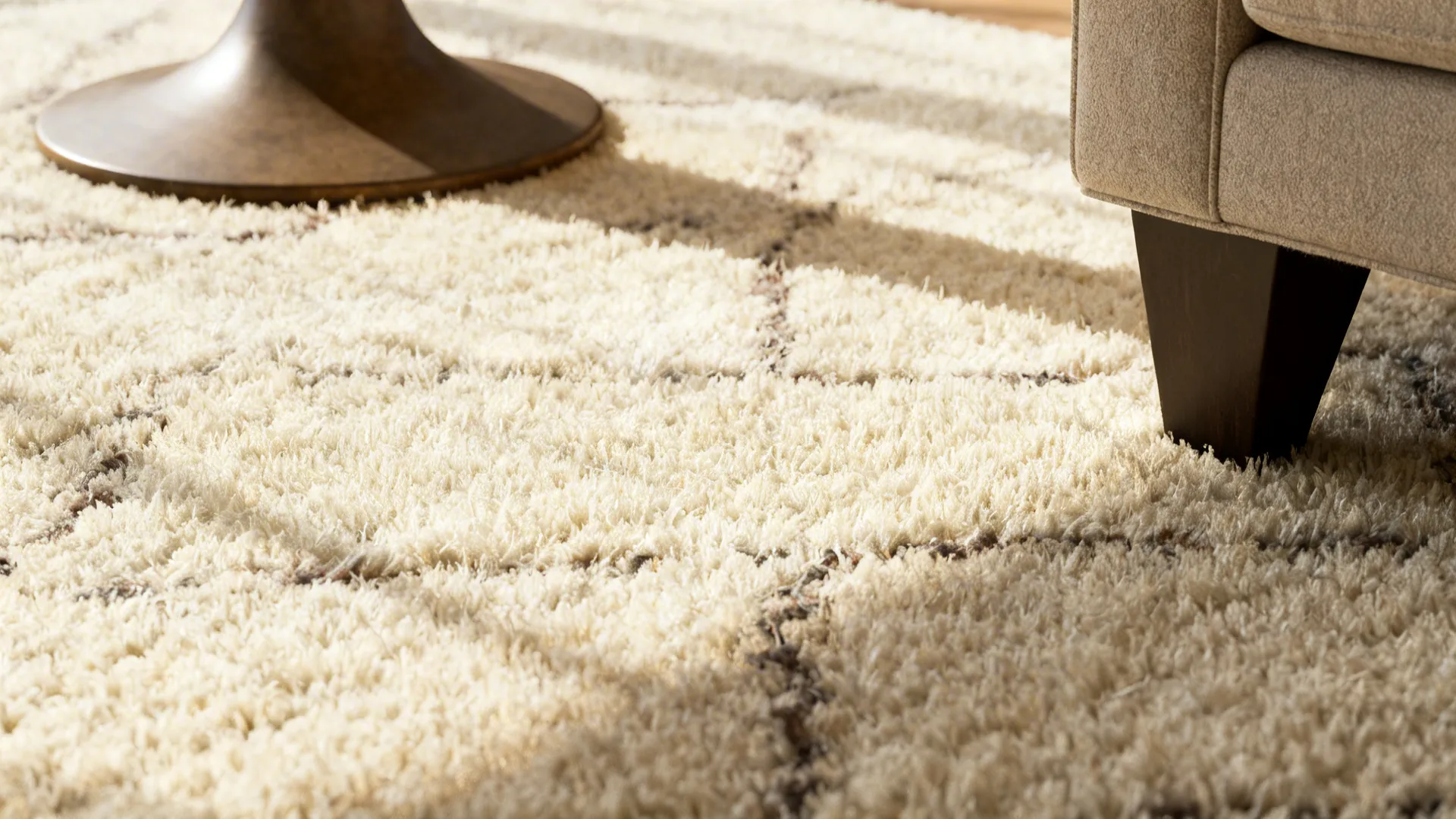 Macro view of a neutral wool rug showing texture and weave beside a sofa leg.