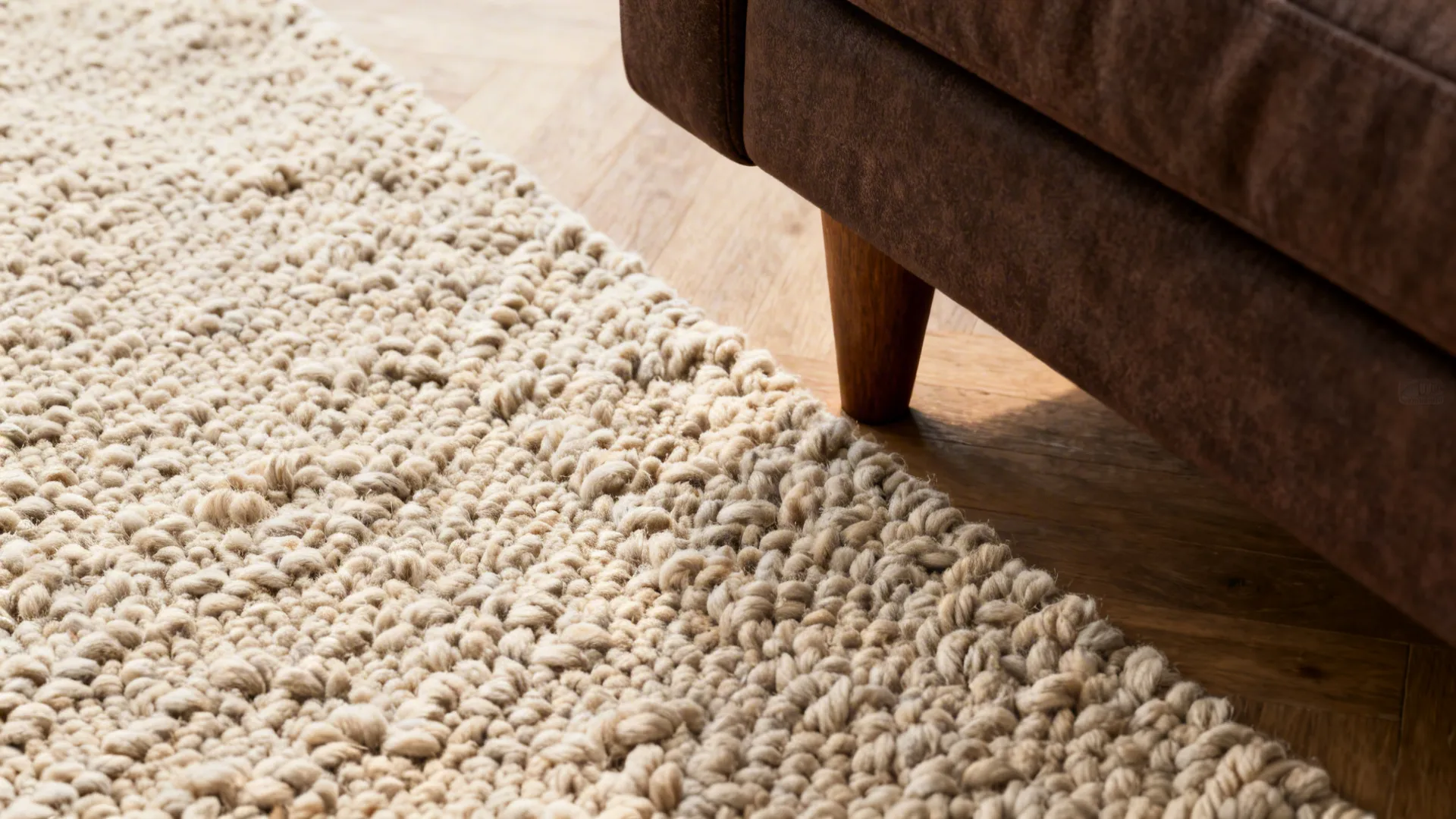 Close-up of a chunky beige wool rug next to a dark brown sofa leg
