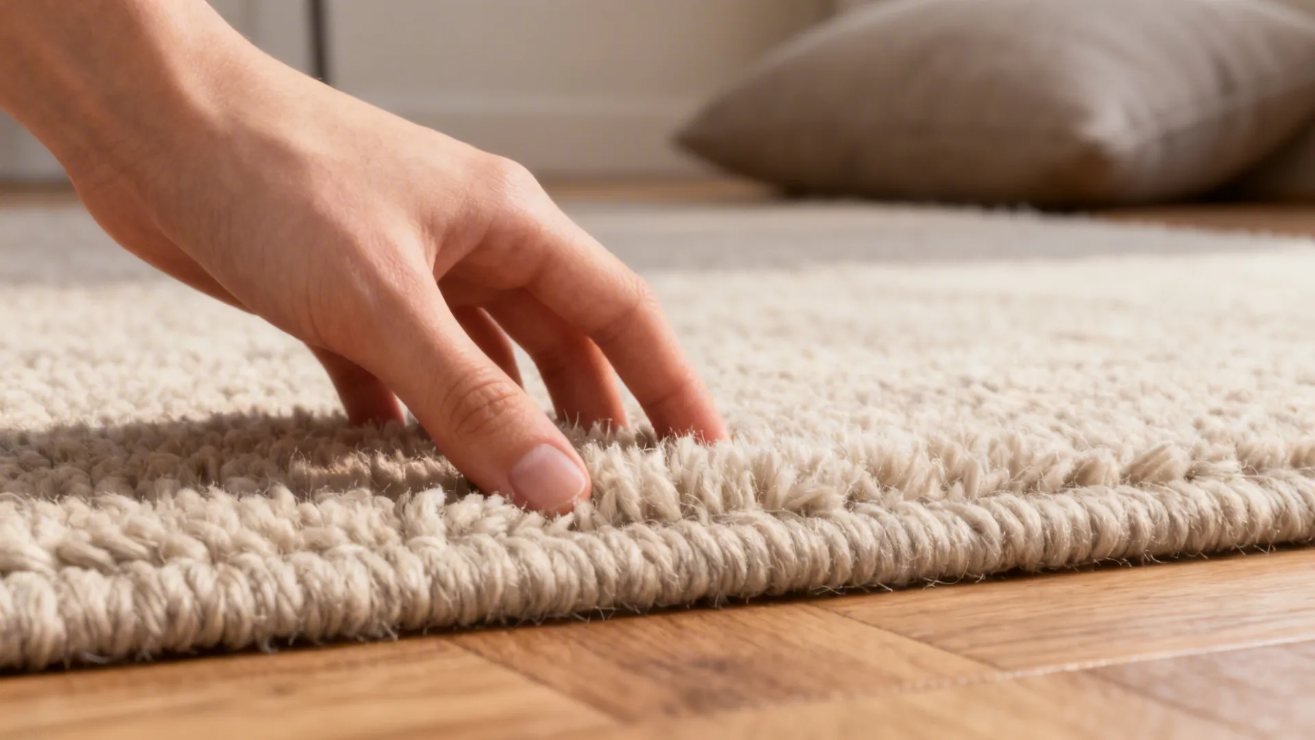 Macro view of a neutral low-pile wool rug showing texture and fibers.
