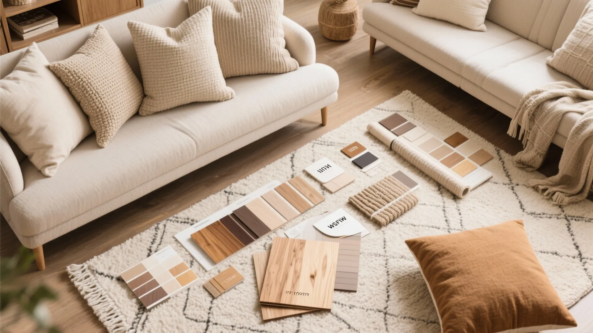 Interior design material samples and wood swatches laid on white rug between two beige sofas