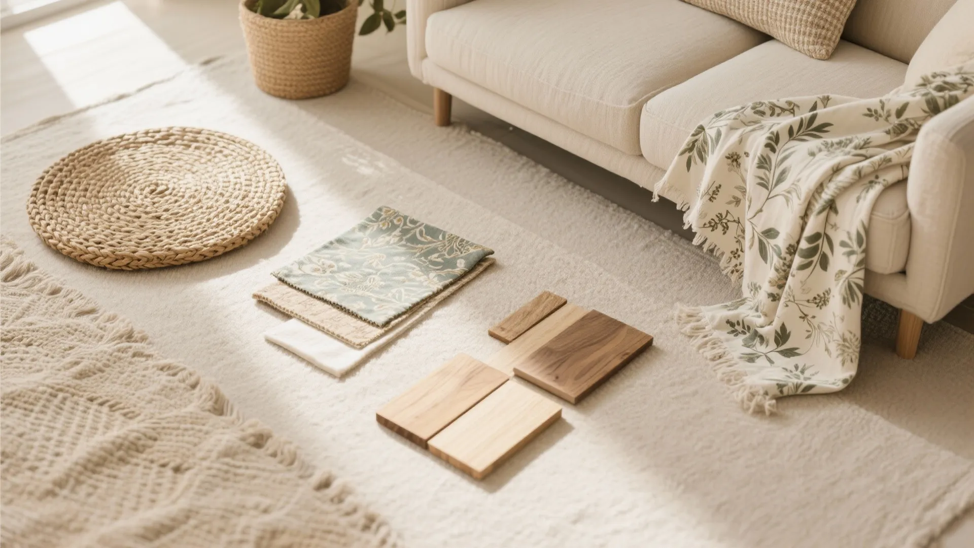 Interior design material board with wood samples fabric swatches and neutral rug near white sofa