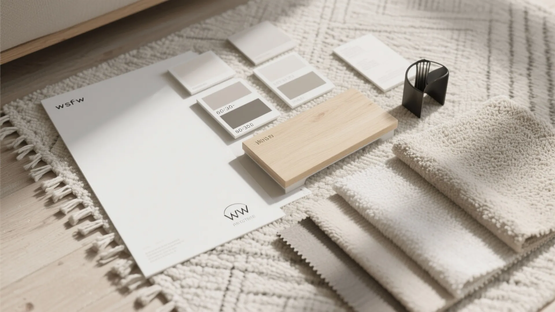 Interior design material board with neutral fabric samples wood piece and color cards on rug