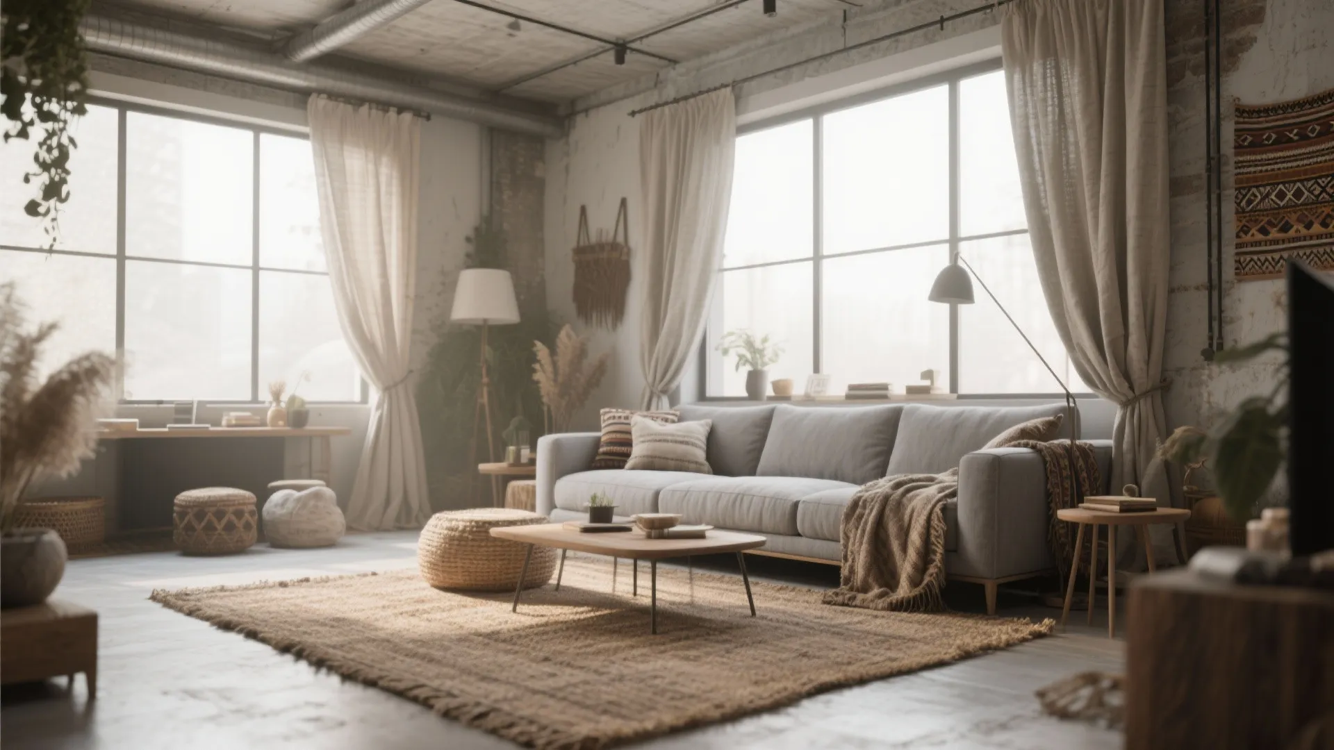 Grey sofa with jute rug and linen curtains in neutral palette