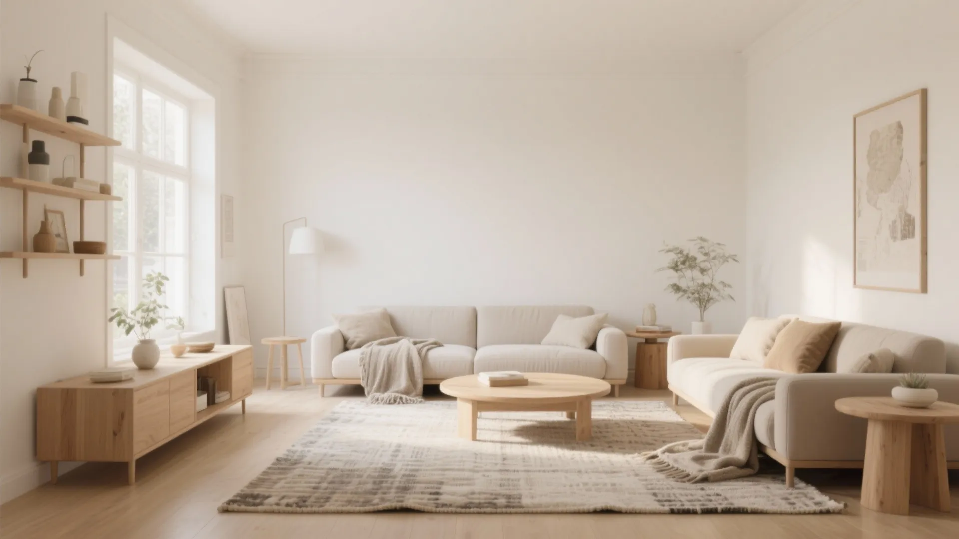 Bright minimalist living room with cream sofas wooden coffee table patterned rug and large side window