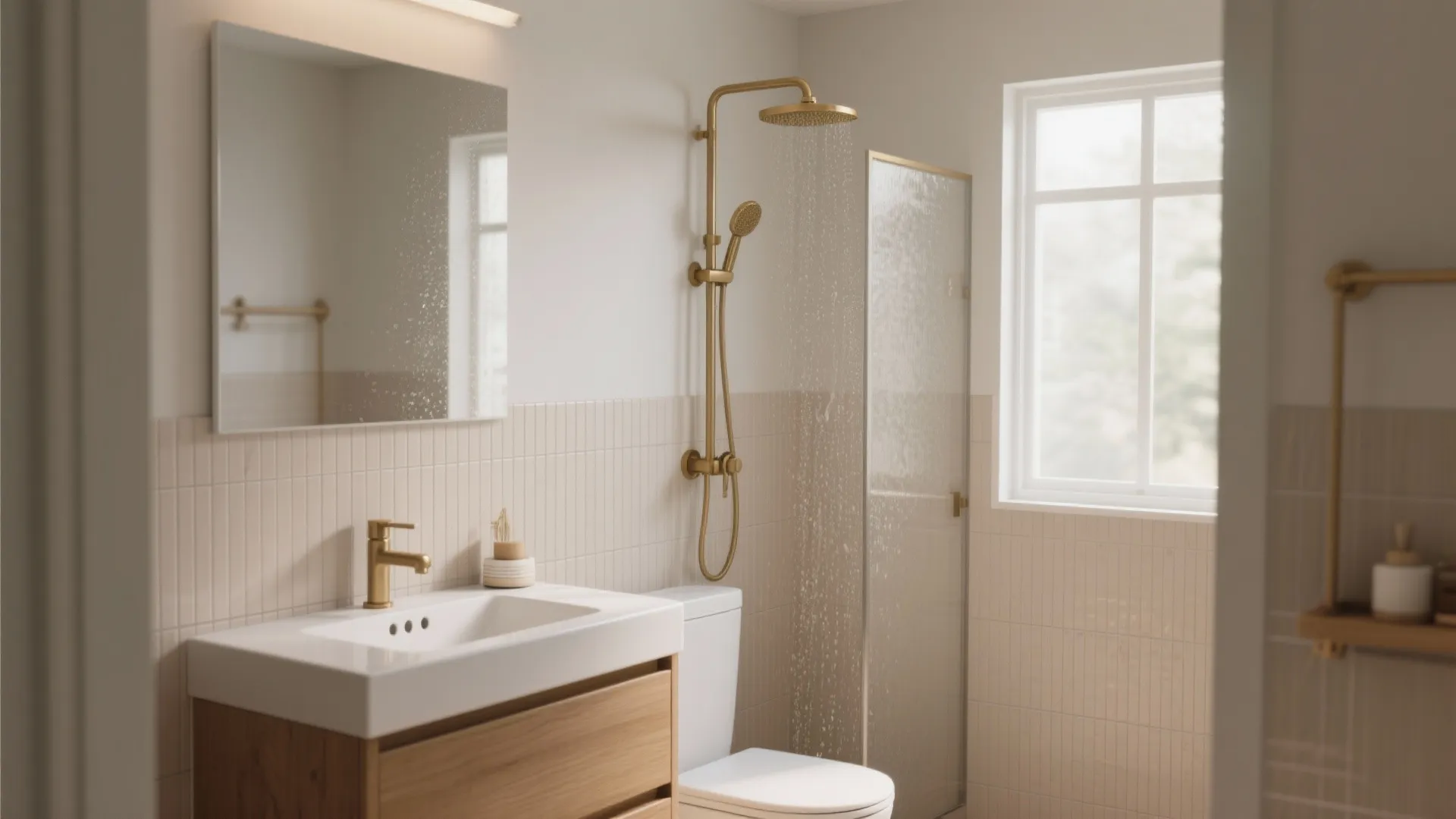 Warm greige textured porcelain tiles with thin grout lines in a calm small bathroom.