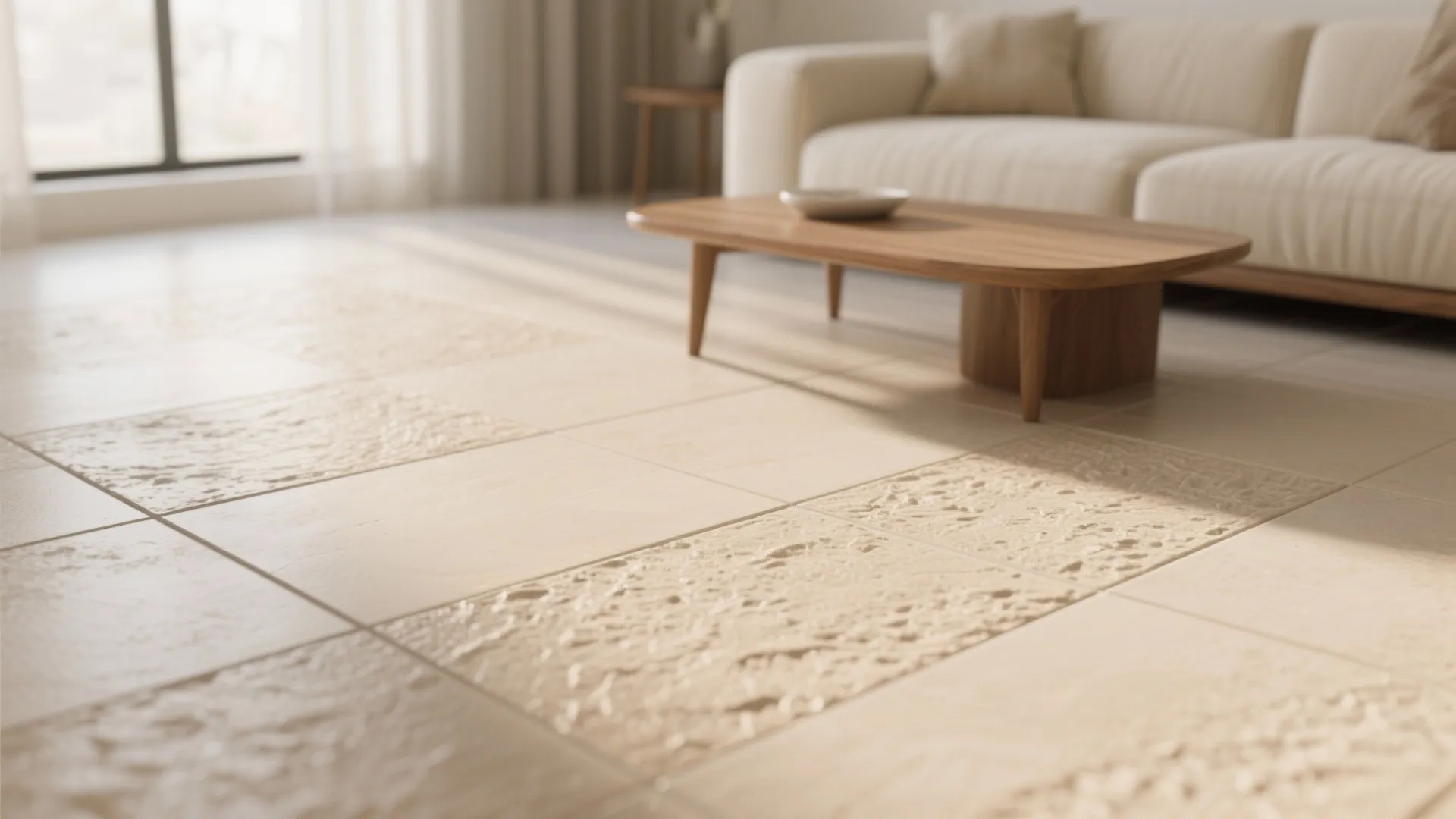 Close up view of neutral textured floor tiles in living room with sofa and table