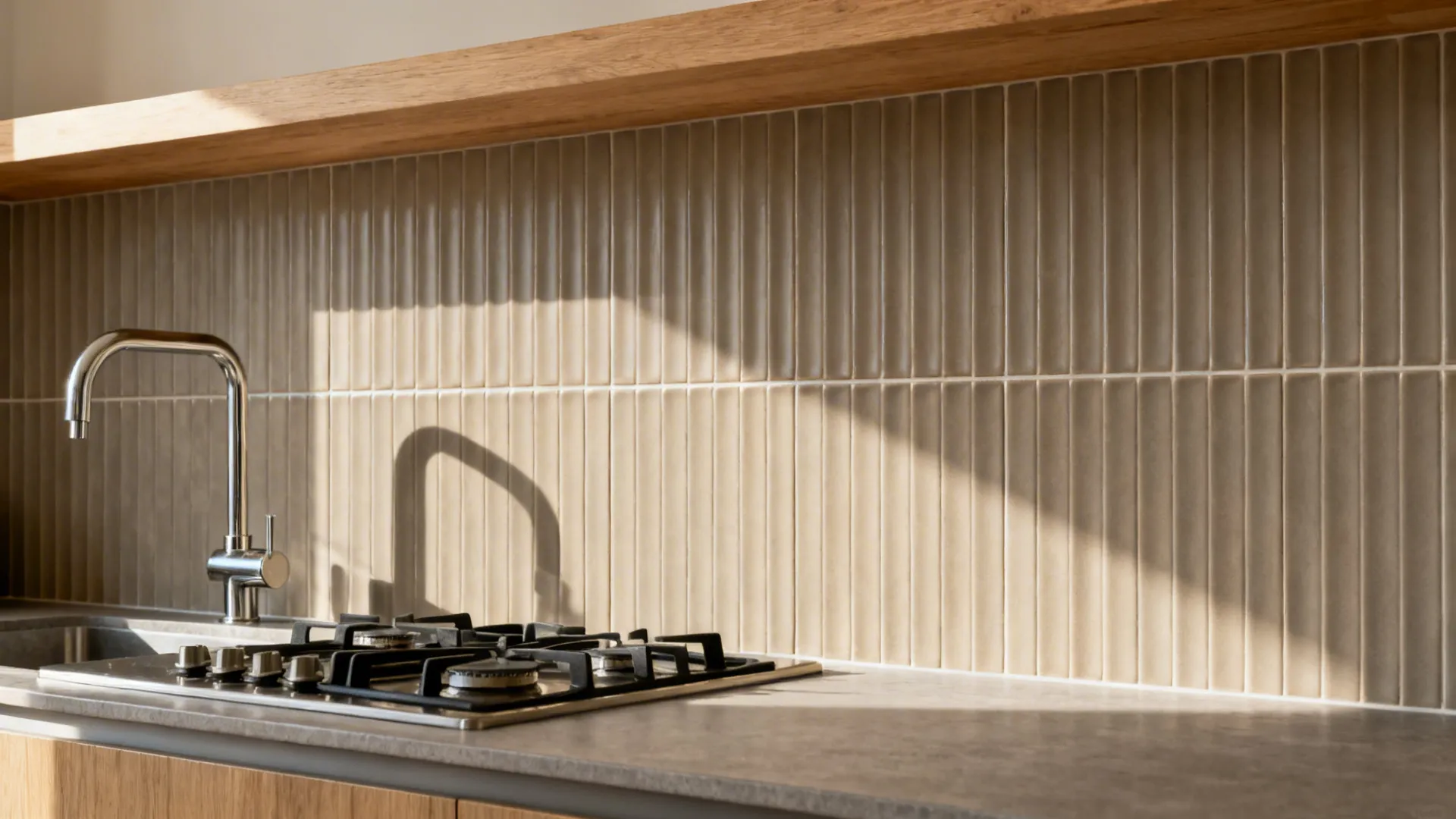 Sand-toned fluted ceramic tiles add subtle depth in a small kitchen with warm neutrals.