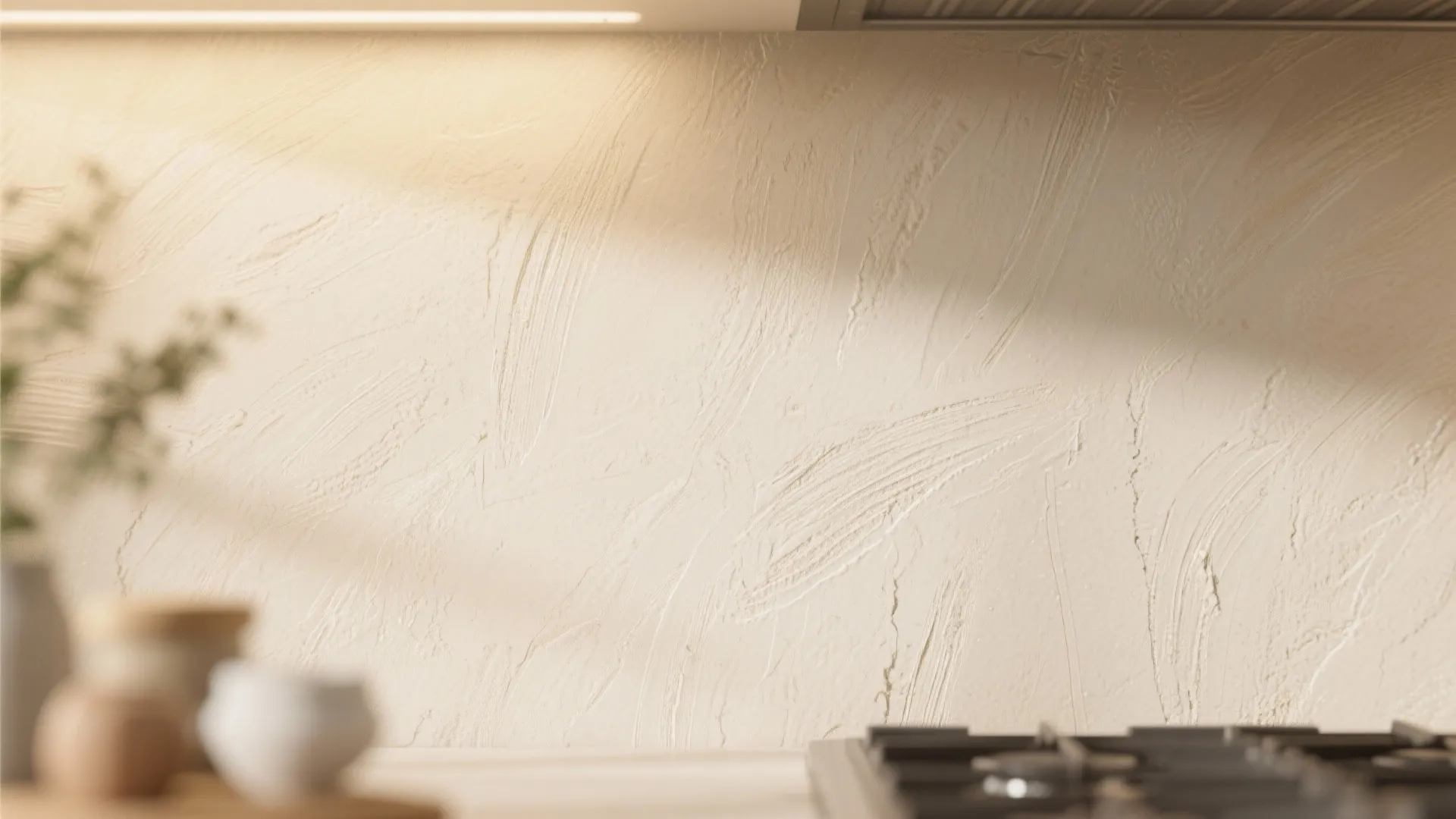 Close-up of textured beige kitchen wall with limewash effect