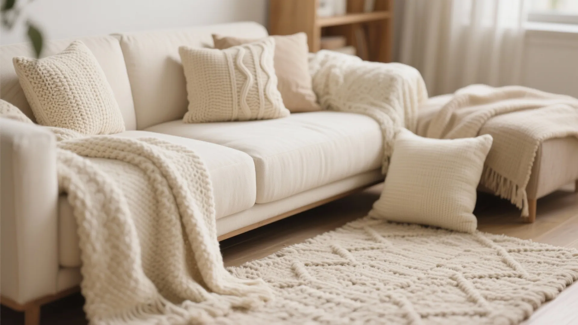 Close-up of textured cushions and throws in neutral palette