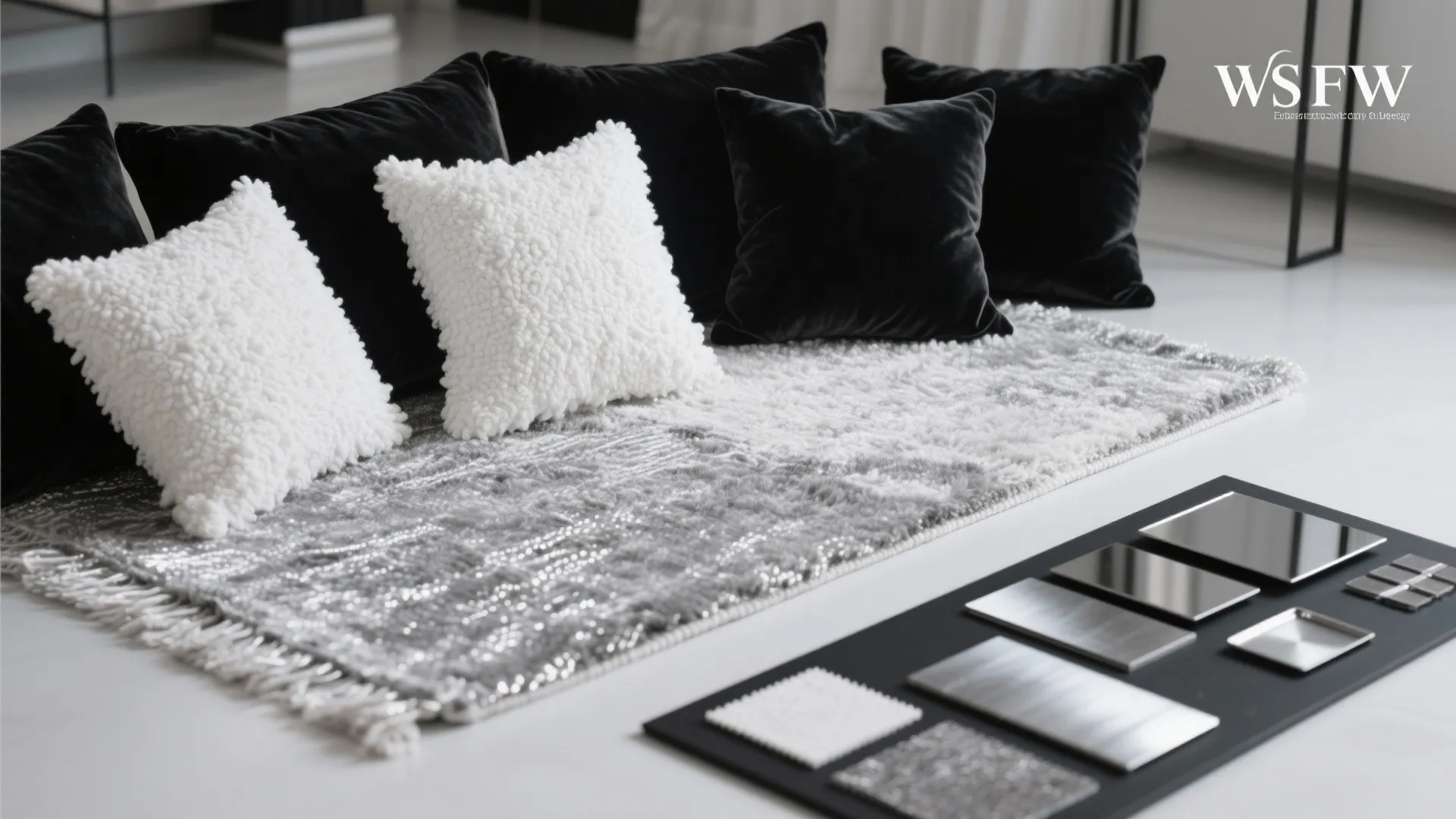 Material board of black velvet, white boucle, and silver-threaded rug