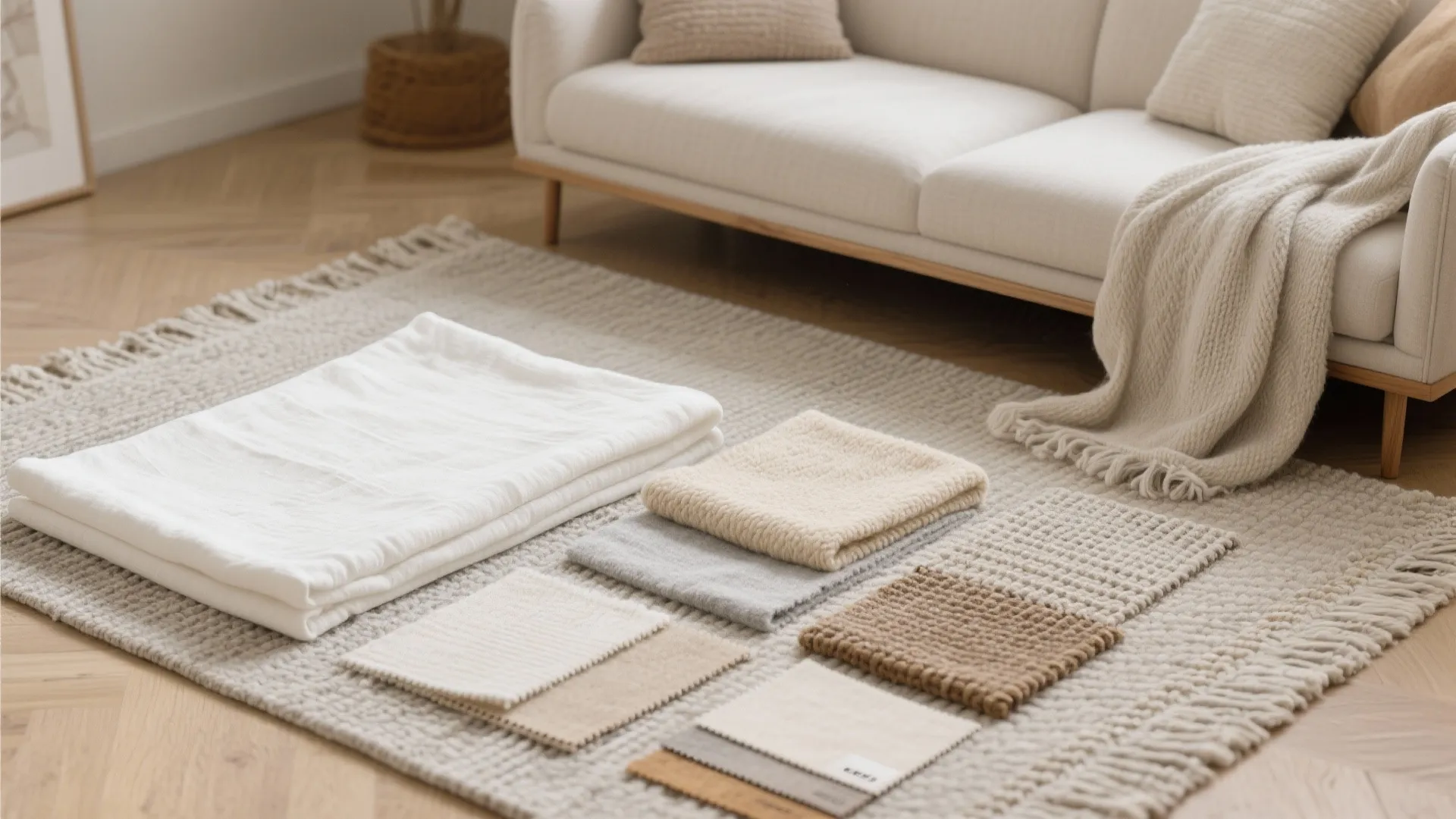 Soft fabric swatches and folded blankets displayed on a textured rug near a white sofa