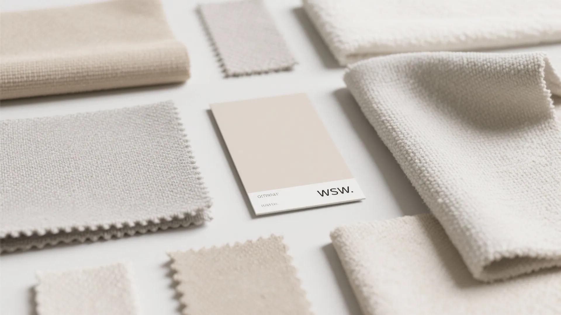 Various neutral fabric samples and color cards arranged on a white surface for interior design