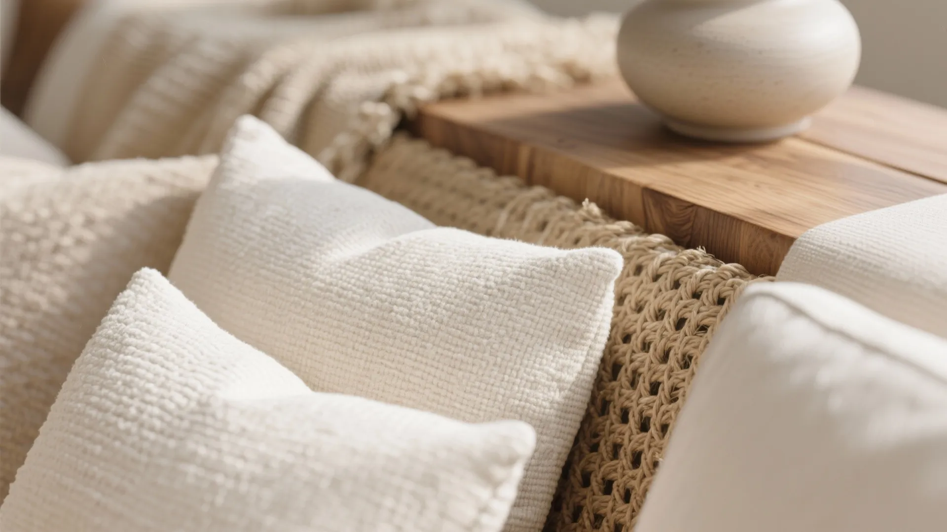 Detail of cream textured pillows and knitted blanket on sofa with wooden shelf and vase