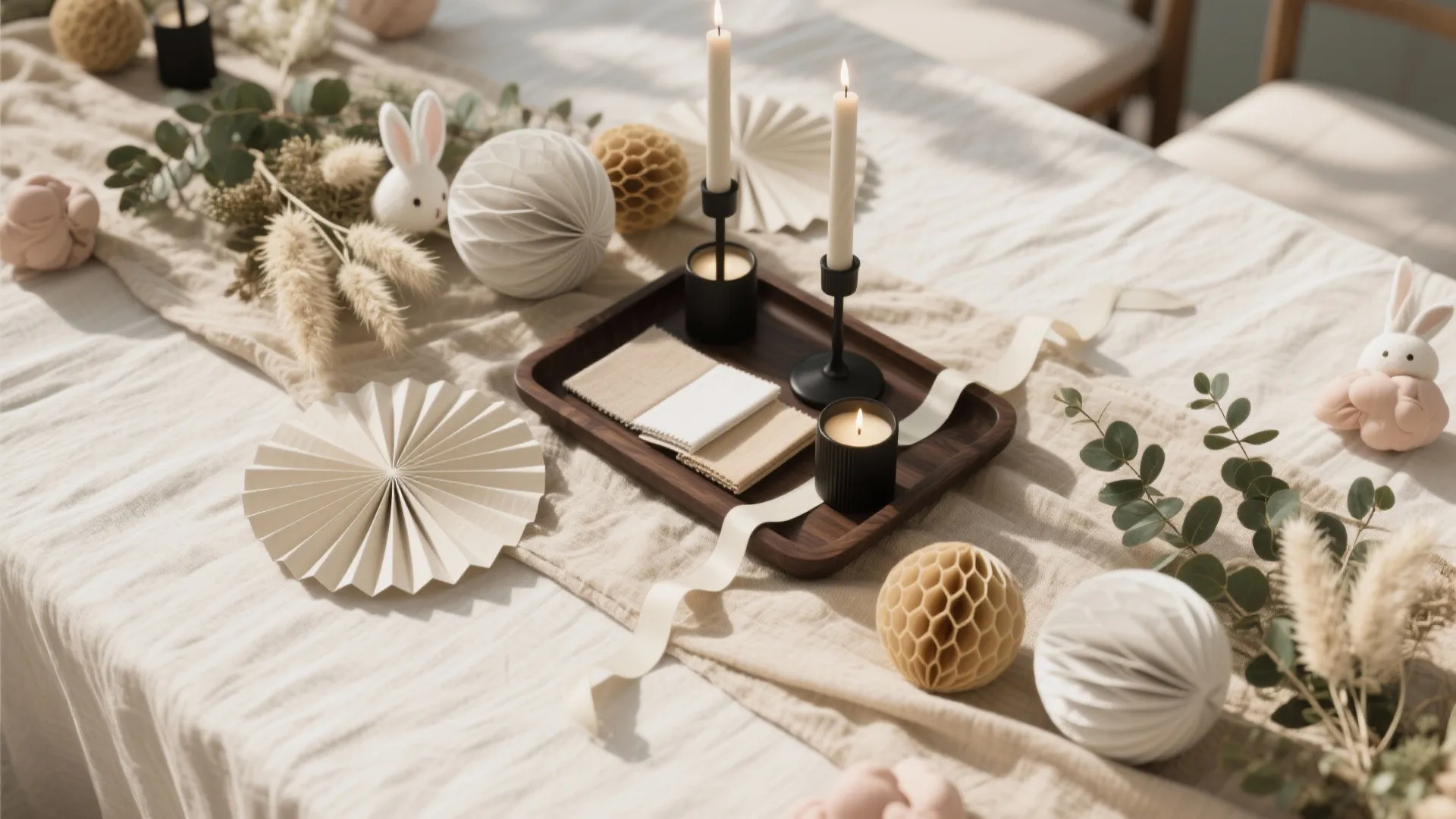 1) Neutral Palette + Layered Textures (Linens, Paper, Dried Florals)