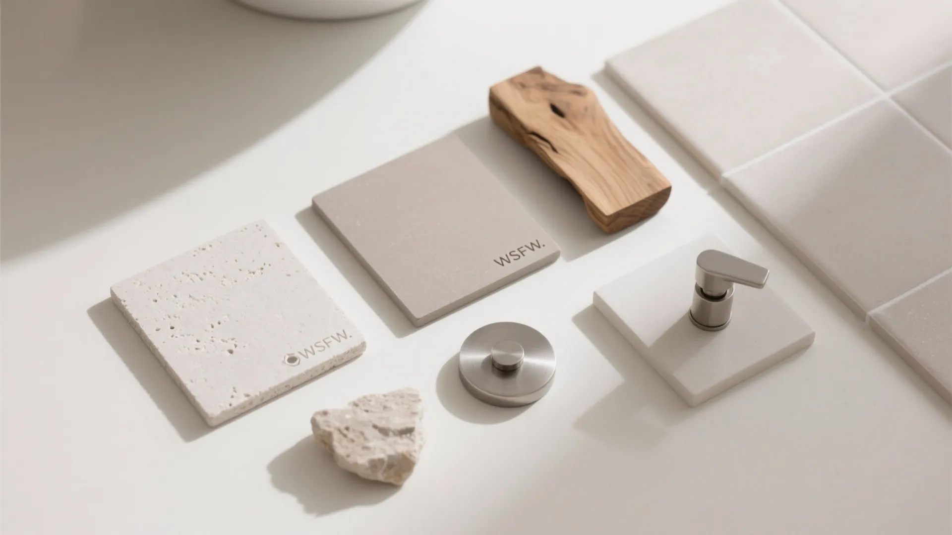Selection of interior design material samples including stone tiles wood piece and silver faucet parts