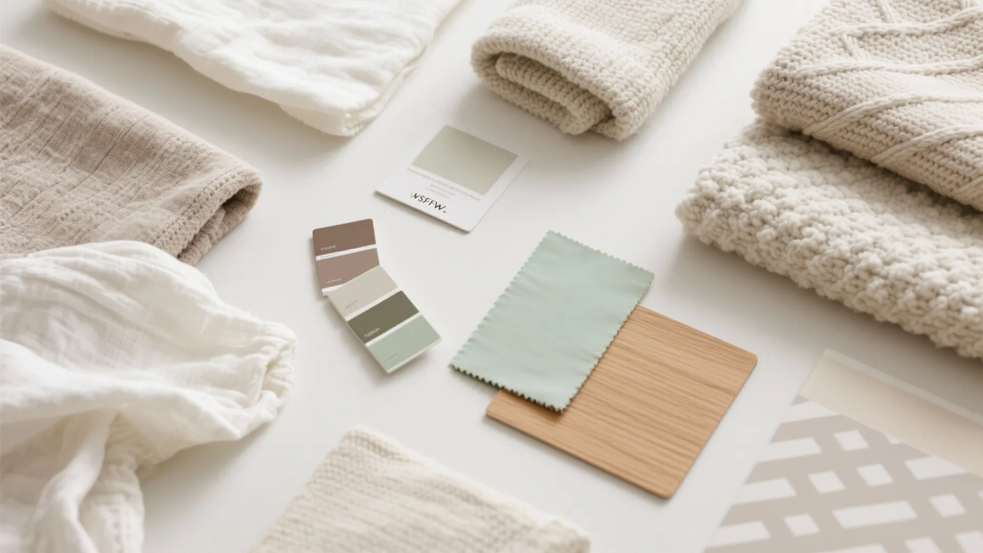 Interior design mood board with fabric samples wood piece and green color cards on white table