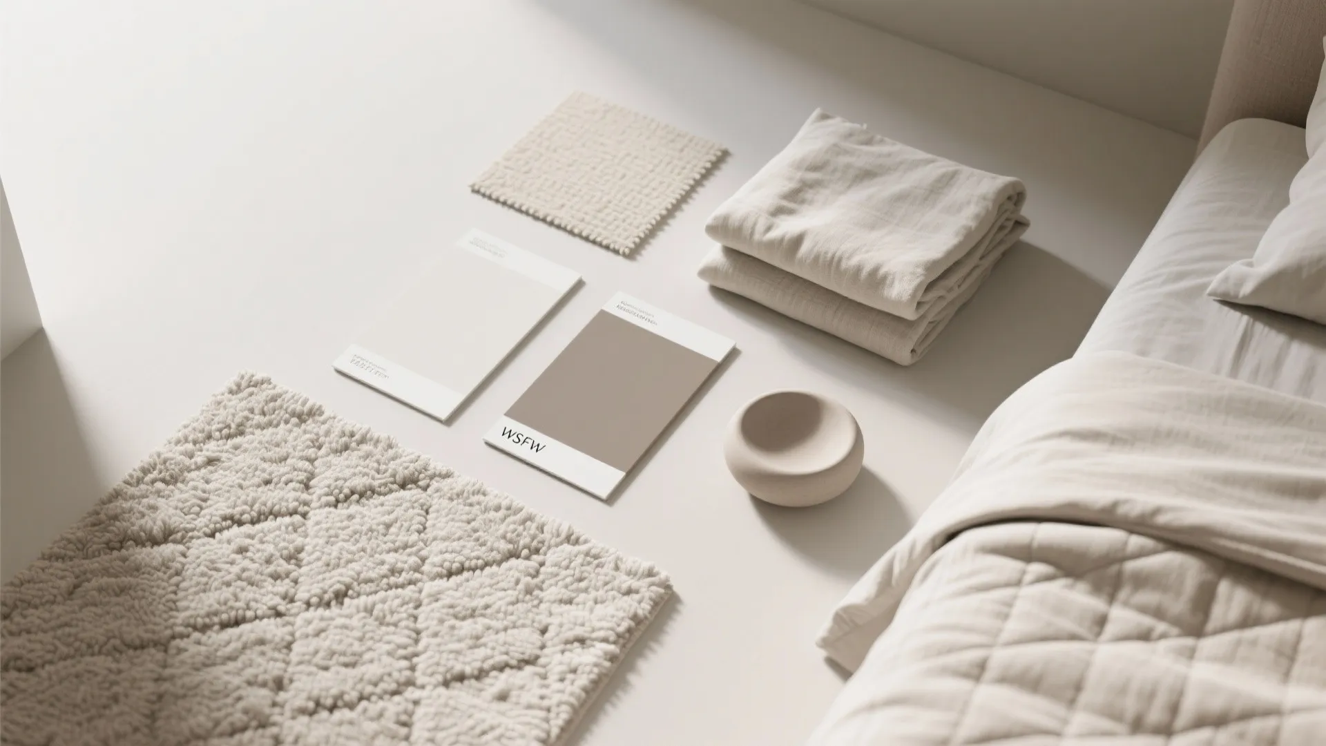 Mood board showing fabric samples and color cards in beige and brown for interior design