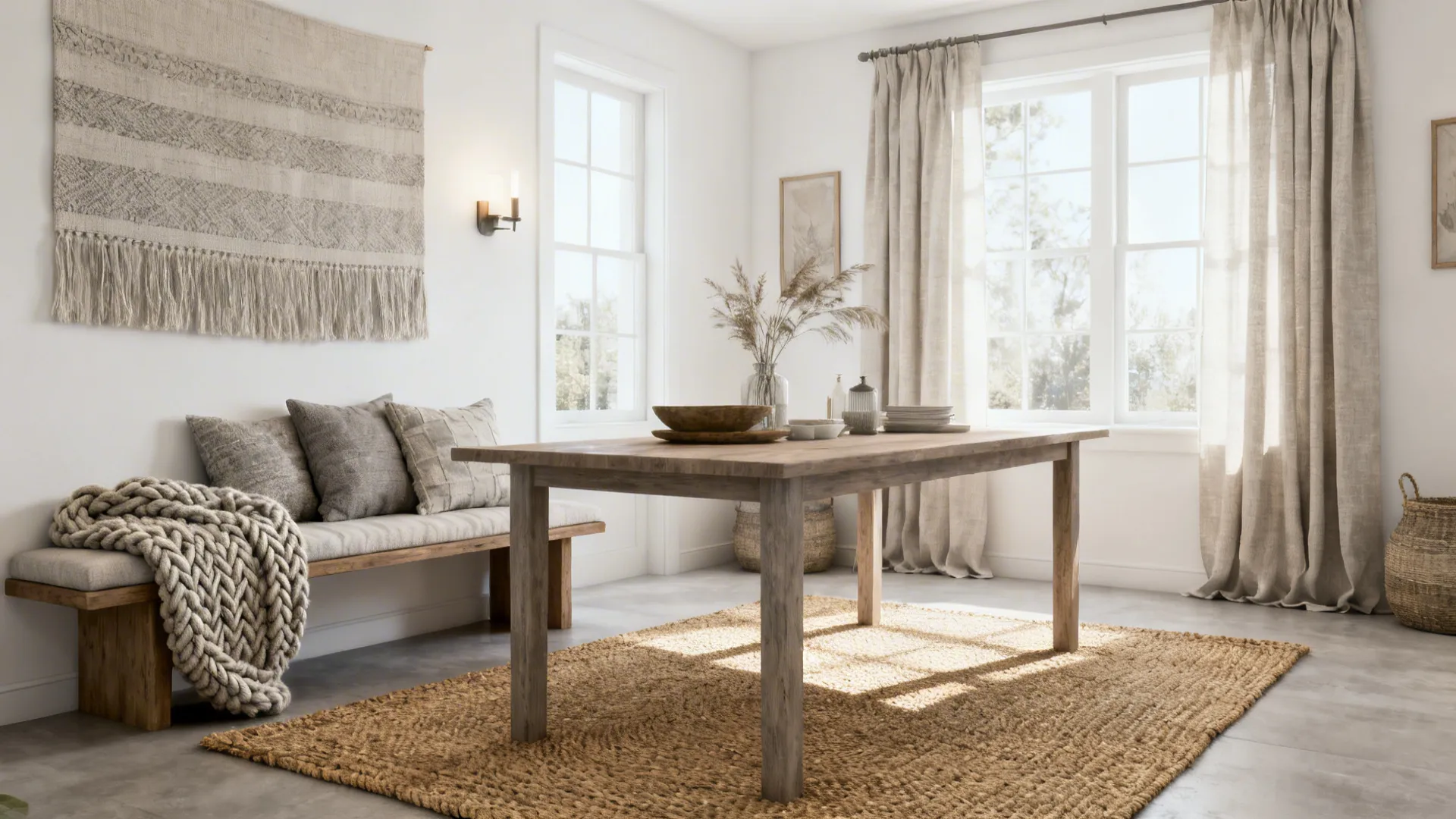 Cozy dining nook with neutral palette, jute rug, linen curtains and layered textiles